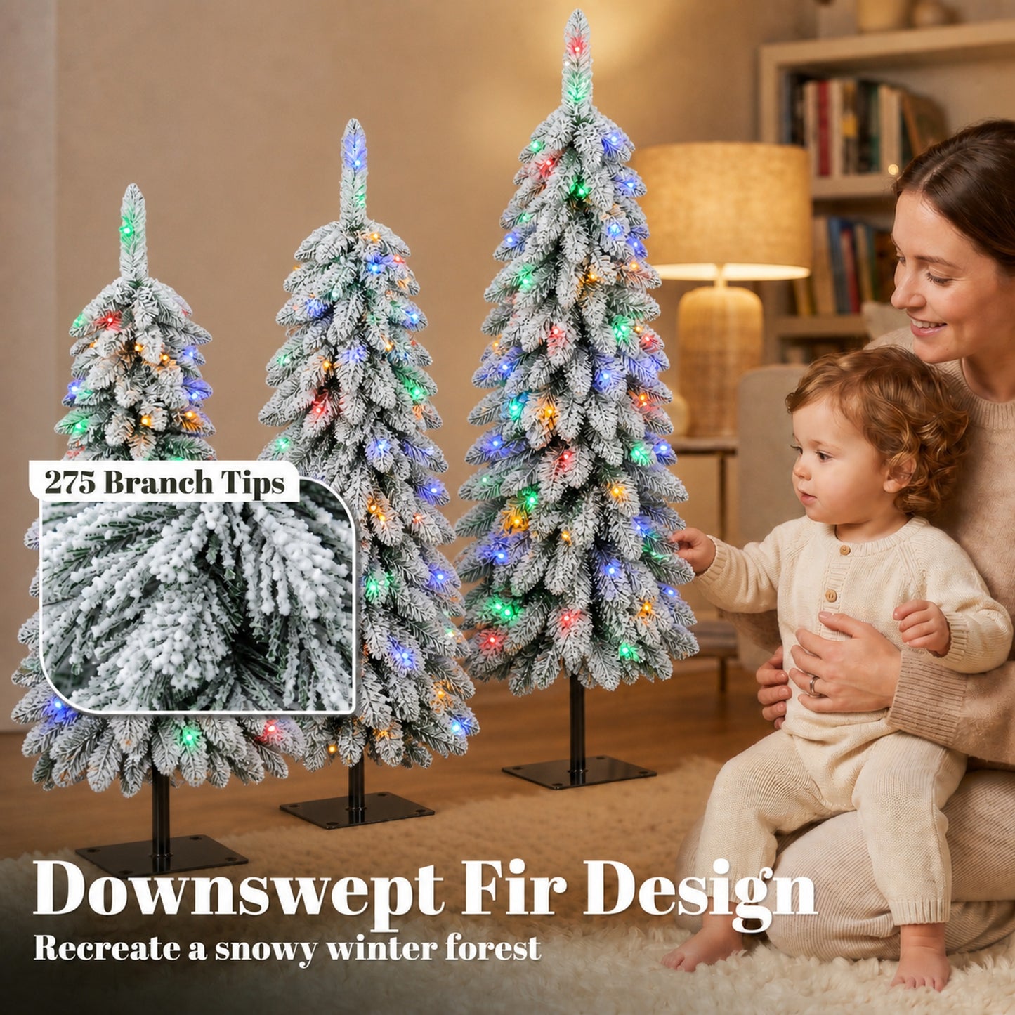 HOMCOM Artificial Christmas Tree Set of 3, Snowy Pre-Lit Christmas Tree with PVC Branch Tips, 90/120/150 cm, Green White