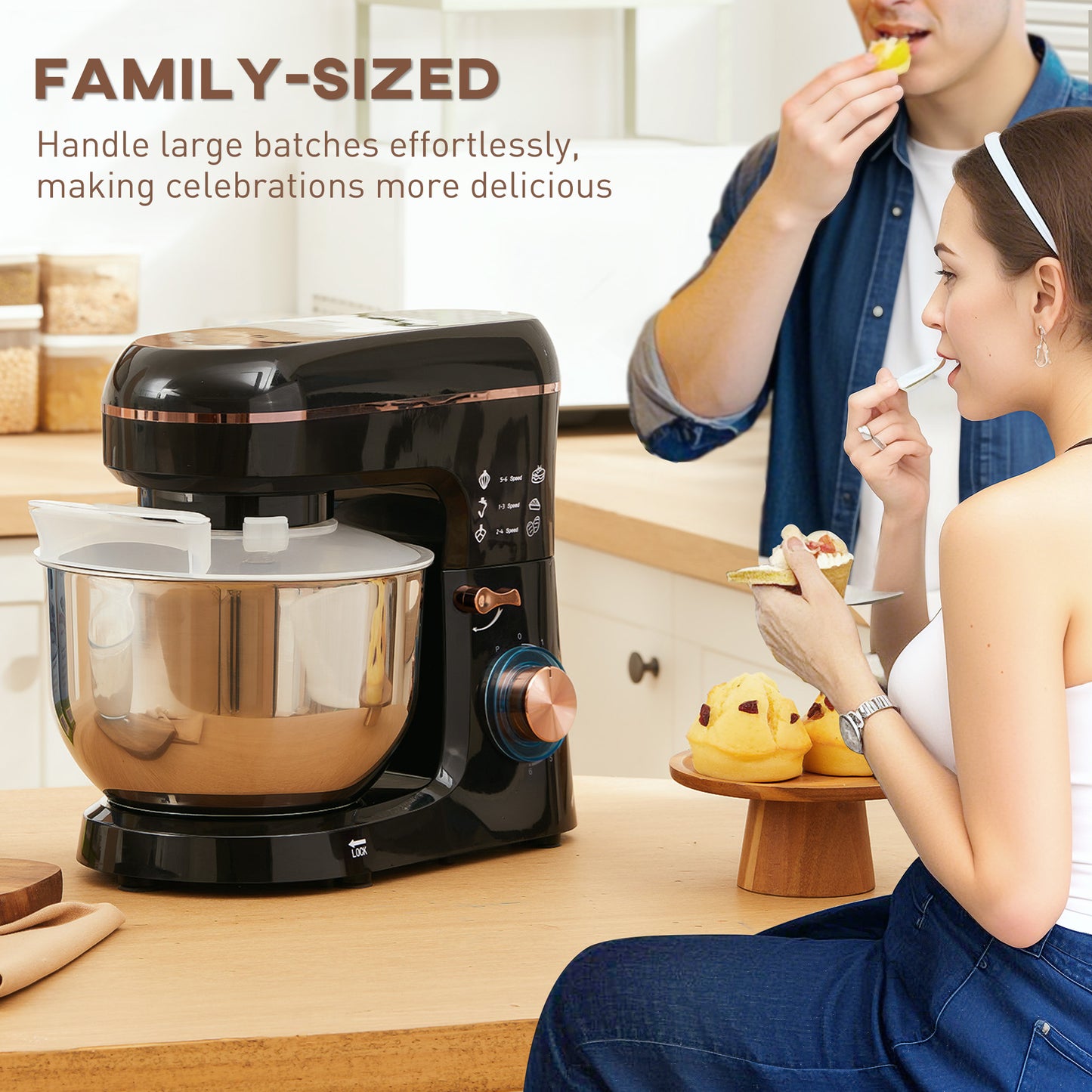 HOMCOM Stand Mixer, 5L Food Mixer for Baking, 6 Speeds and Pulse Setting, 1400W Cake Electric Kitchen Mixer with Dough Hook, Whisk, Stainless Steel Bowl, Splash Guard, Beater, Black