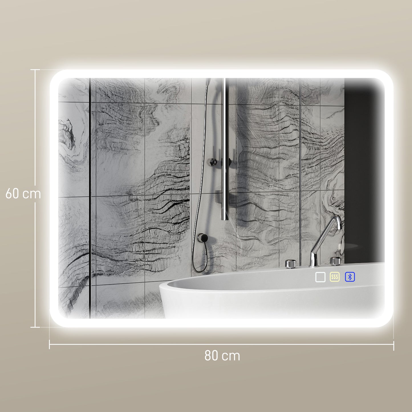 HOMCOM 80 x 60cm LED Bathroom Mirror, with Bluetooth - Silver Tone