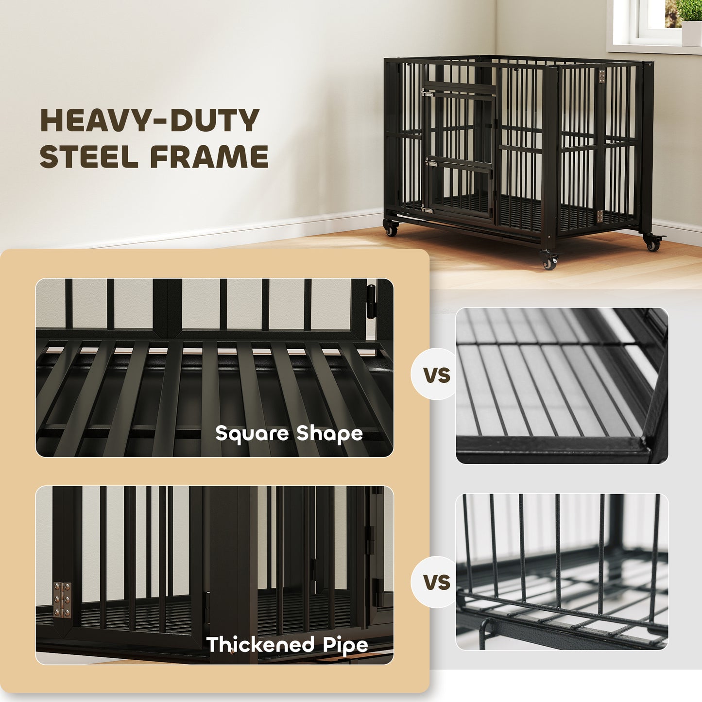 PawHut 43" Heavy Duty Dog Crate, Foldable Dog Cage, with Openable Top, Locks, Removable Tray, Wheels - Black