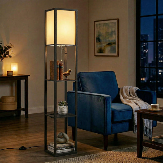 HOMCOM Floor Lamp with Shelves, 3 Layer Column Modern Standing Lamp for Living Room, Bedroom, Office, Black