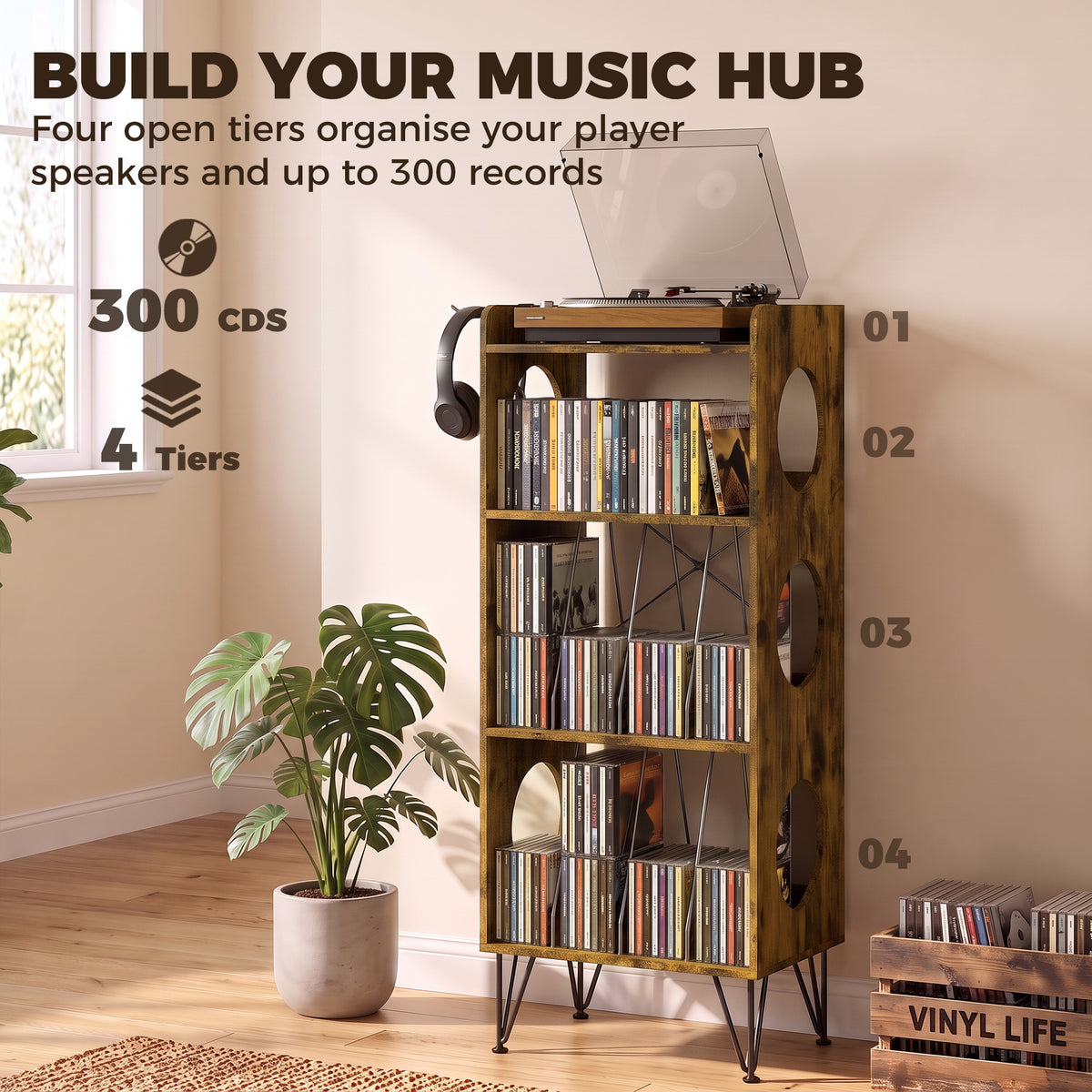 HOMCOM Record Player Stand Open Multi Compartment Media Shelf Home 2 Hooks Rustic Brown