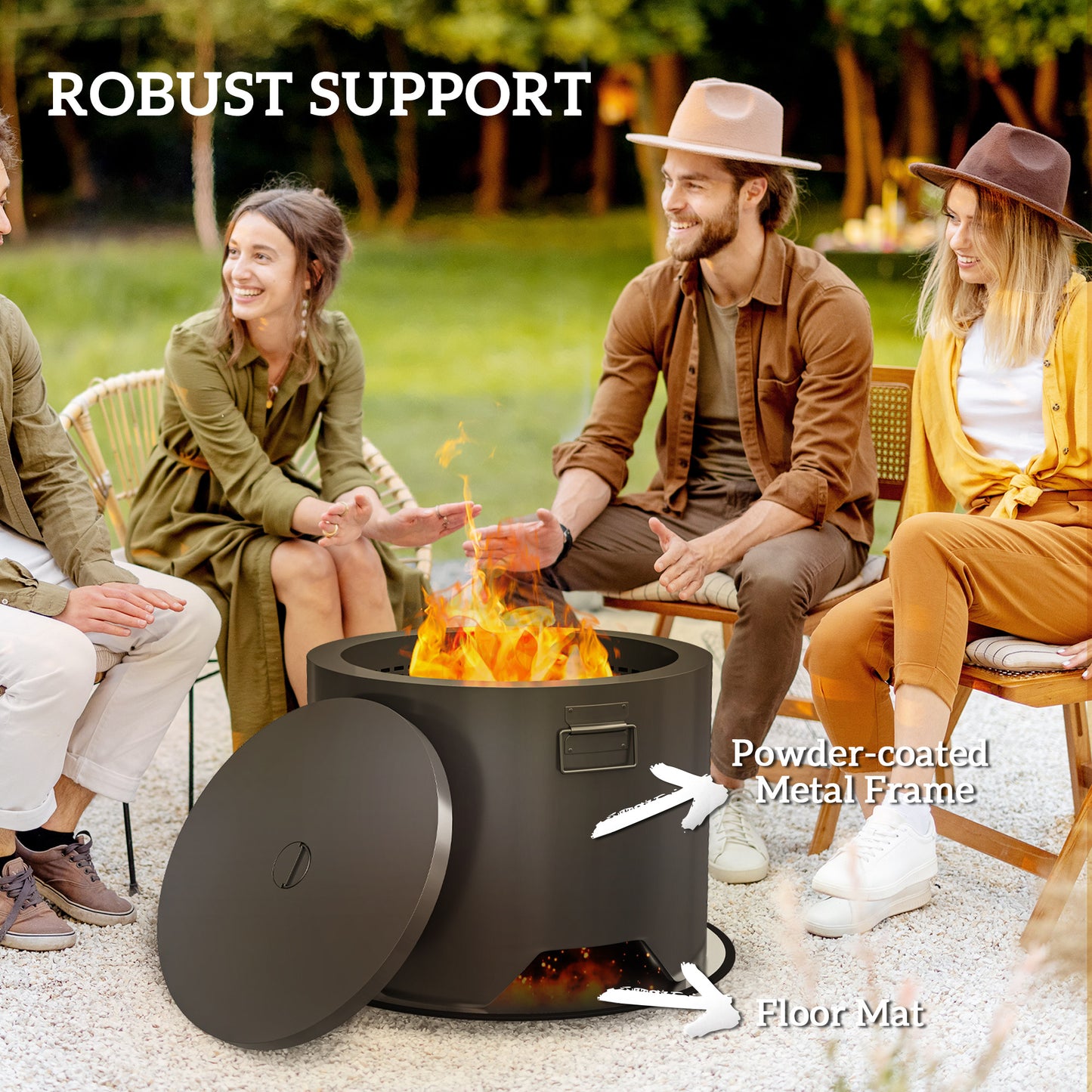 Outsunny Outdoor Round Fire Pit with Lid and Fire Poker - Black