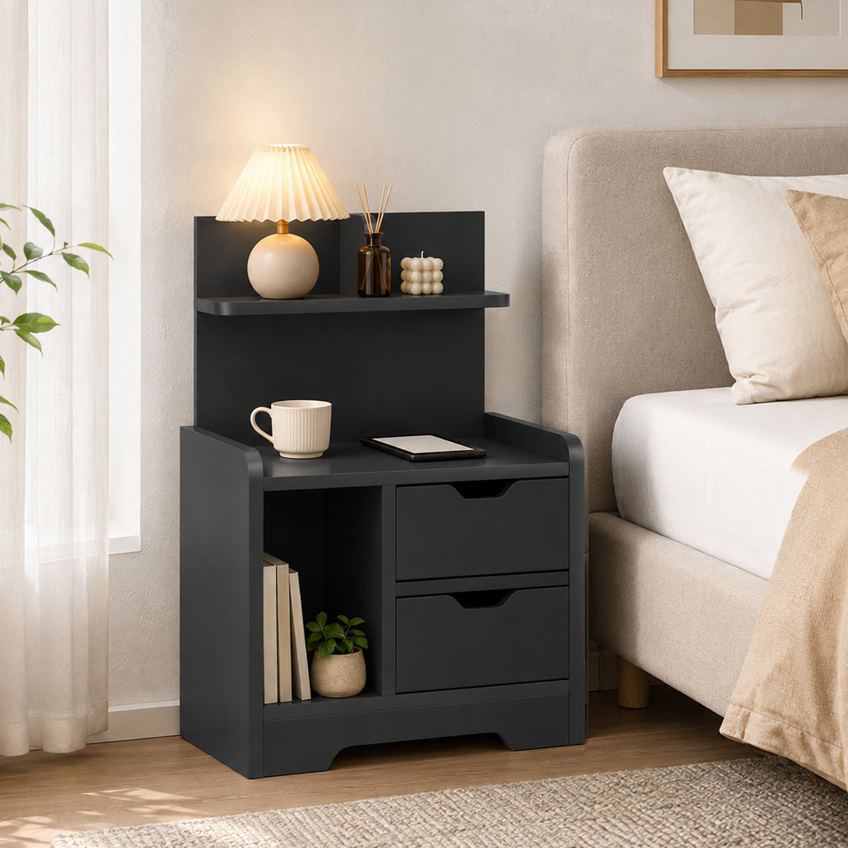 HOMCOM Bedside Table, Small Bedside Cabinet with 2 Drawers and Storage Shelves for Bedroom, Black Wood Effect