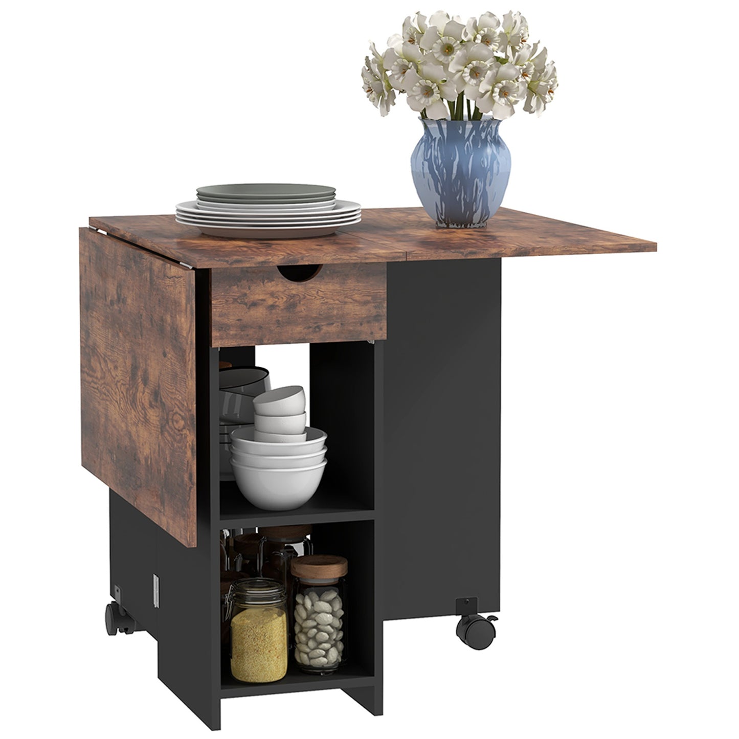 HOMCOM Folding Dining Table, Drop Leaf Table for Small Spaces, Foldable Table with Drawer and Storage Shelves for Kitchen, Dining Room, Rustic Brown Default Title