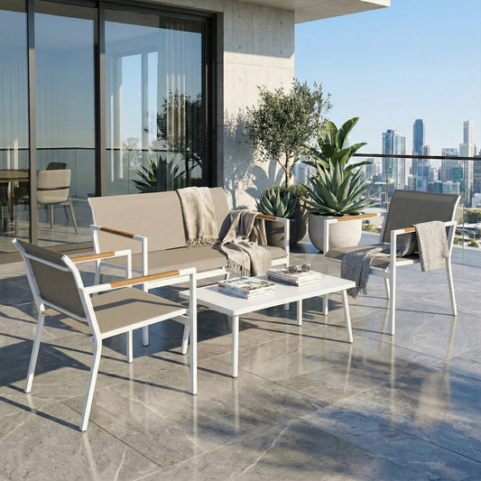 Outsunny 4 Seater Garden Furniture Set with Loveseat, Armchairs, Table, Metal Garden Sofa Set with Breathable Seats, Khaki