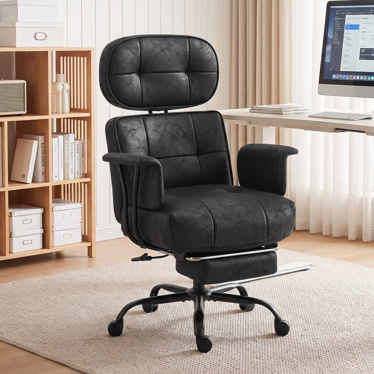HOMCOM Office Chair, Big and Tall Desk Chair with Footrest, Wide Seat, Leathaire, Reclining Back, Swivel Wheels, Black