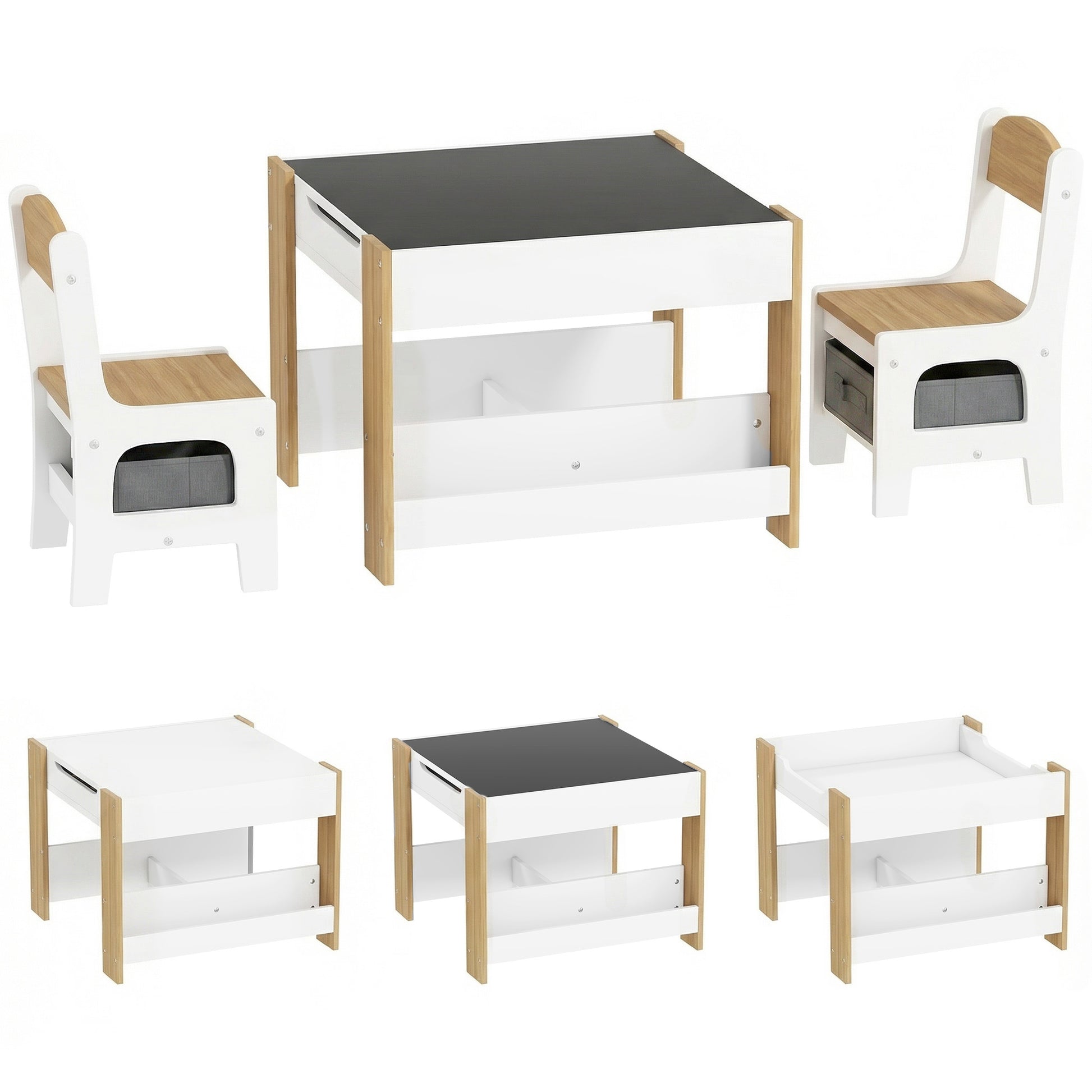 HOMCOM Three-Piece Kids Table and Chair Set with Blackboard, Storage, Bookshelves - Natural Wood Default Title