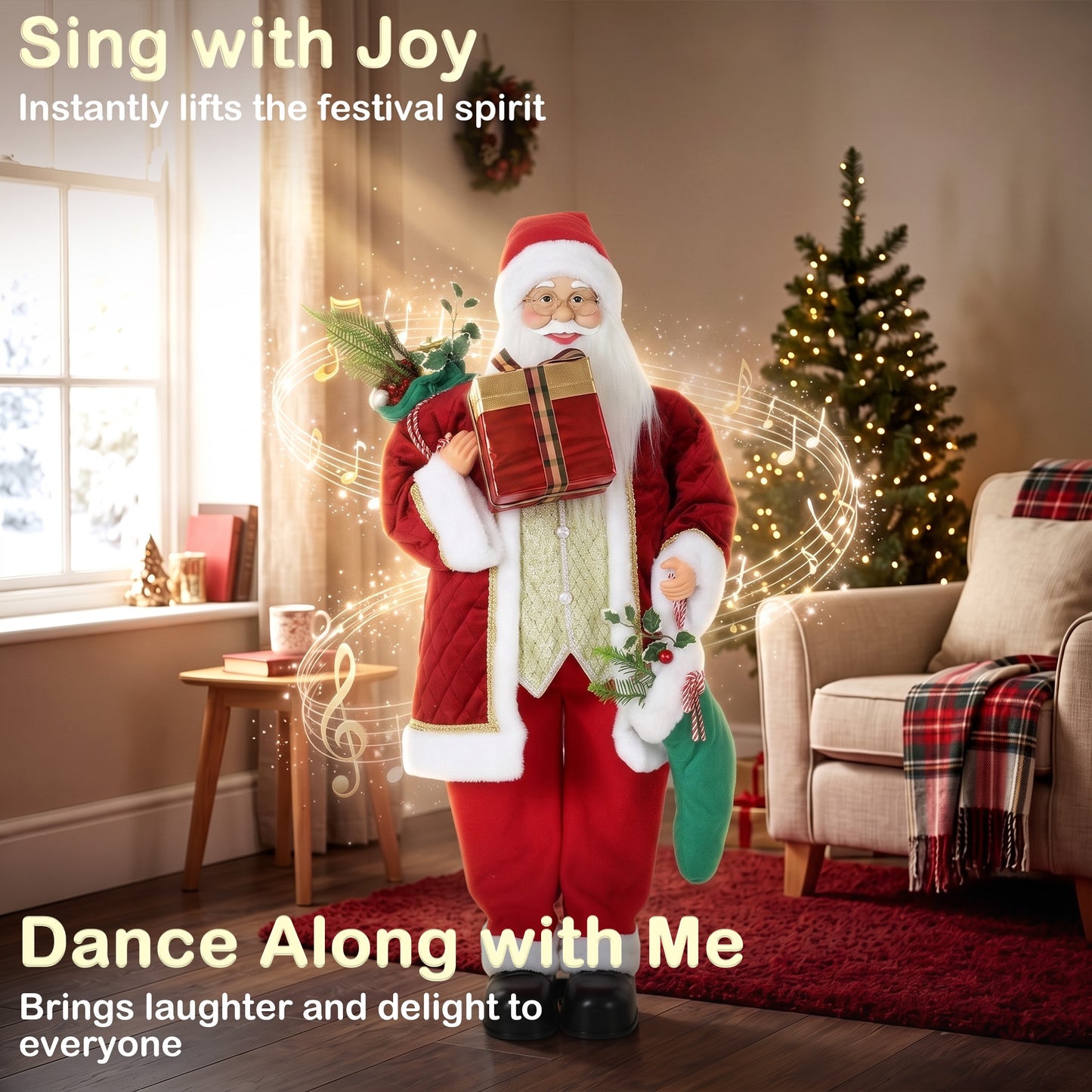HOMCOM 4ft Life Size Singing Dancing Santa Claus, 120 cm Standing Musical Animated Santa with Stocking, Sack, Posable Arms, Handcrafted, Sound Touch Activated, Moving Christmas Figure Decor