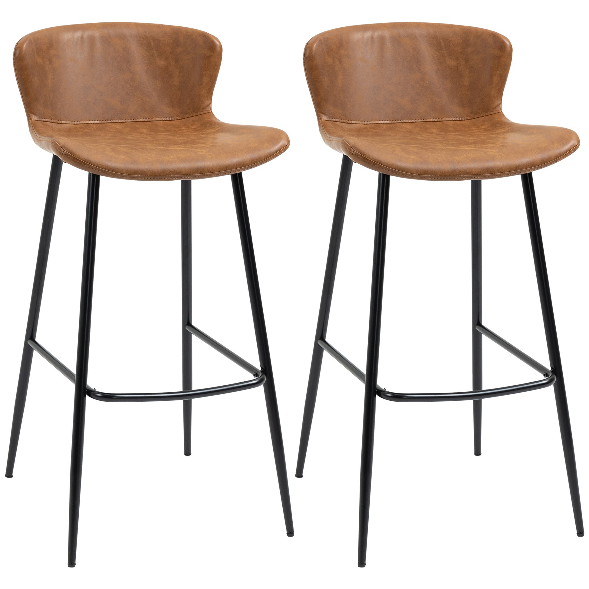 HOMCOM Bar Stools Set of 2, PU Leather Upholstered Bar Chairs, Breakfast Kitchen Counter Chairs with Backs, Steel Legs and Footrests for Dining Room, Brown