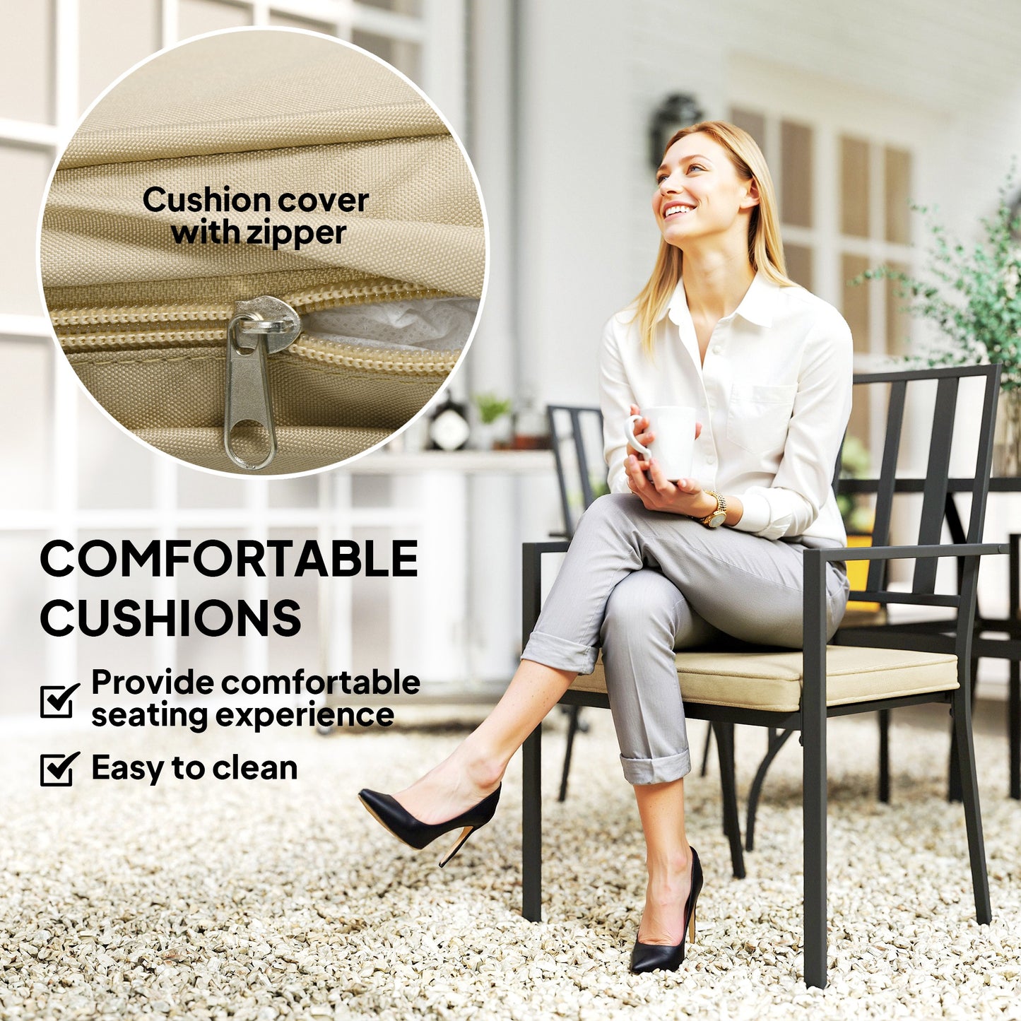 Outsunny 5 Pieces Garden Dining Set with Cushions, Outdoor Patio Table and 4 Stackable Chairs, Metal Top Table with Umbrella Hole, Black