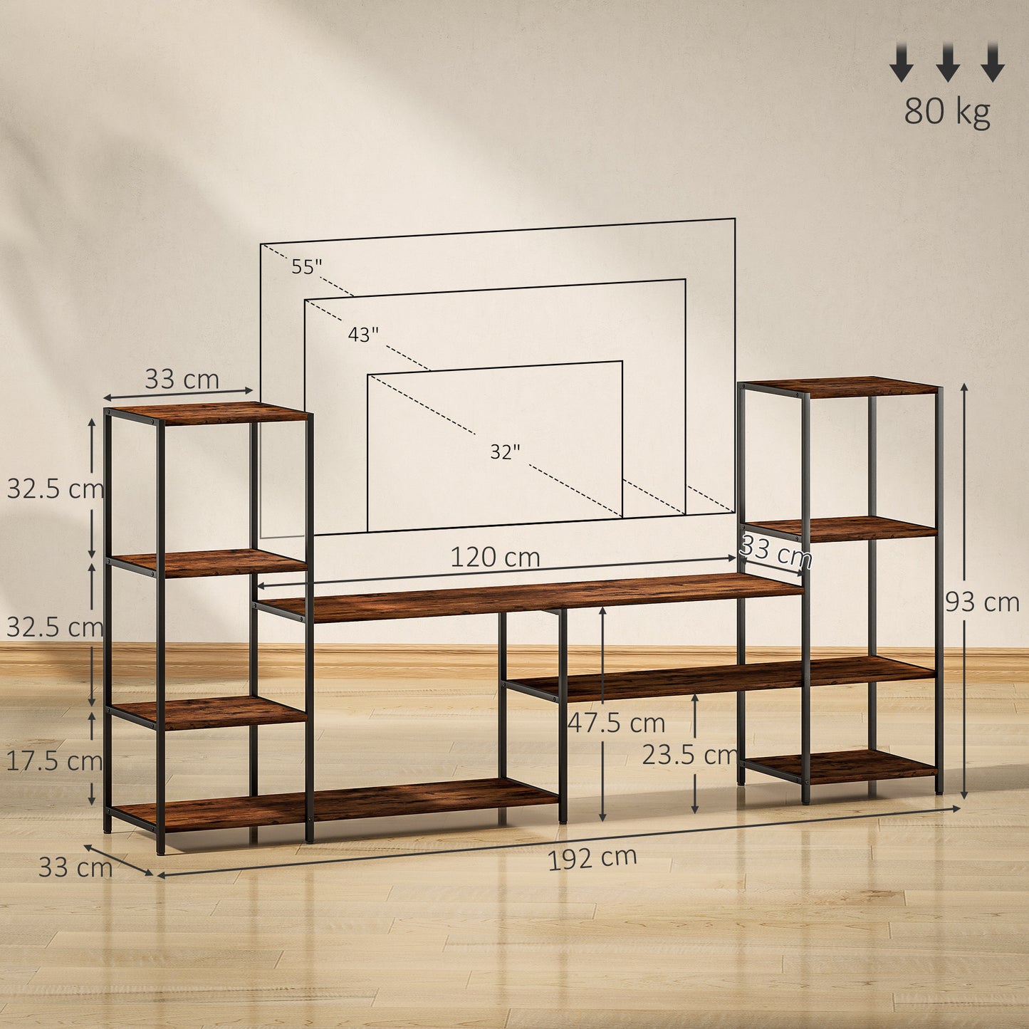 HOMCOM TV Unit for TVs up to 55 Inches, Industrial TV Stand with Storage Shelves, Entertainment Centre for Living Room, Bedroom