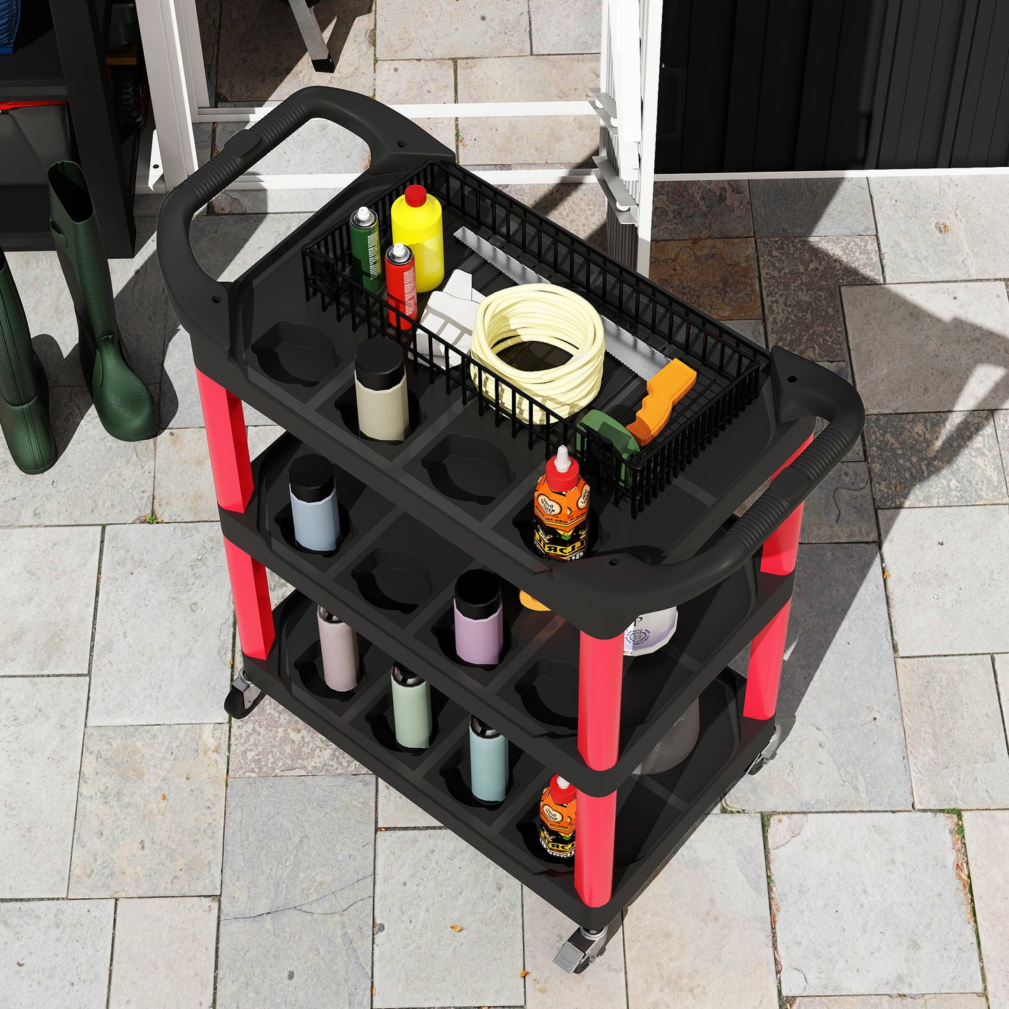 HOMCOM 3-Tier Rolling Tool Cart, Tool Trolley on Wheels, Plastic Mobile Service Utility Cart with Handles for Garage, Mechanics and Warehouse, 91kg Capacity, Black and Red