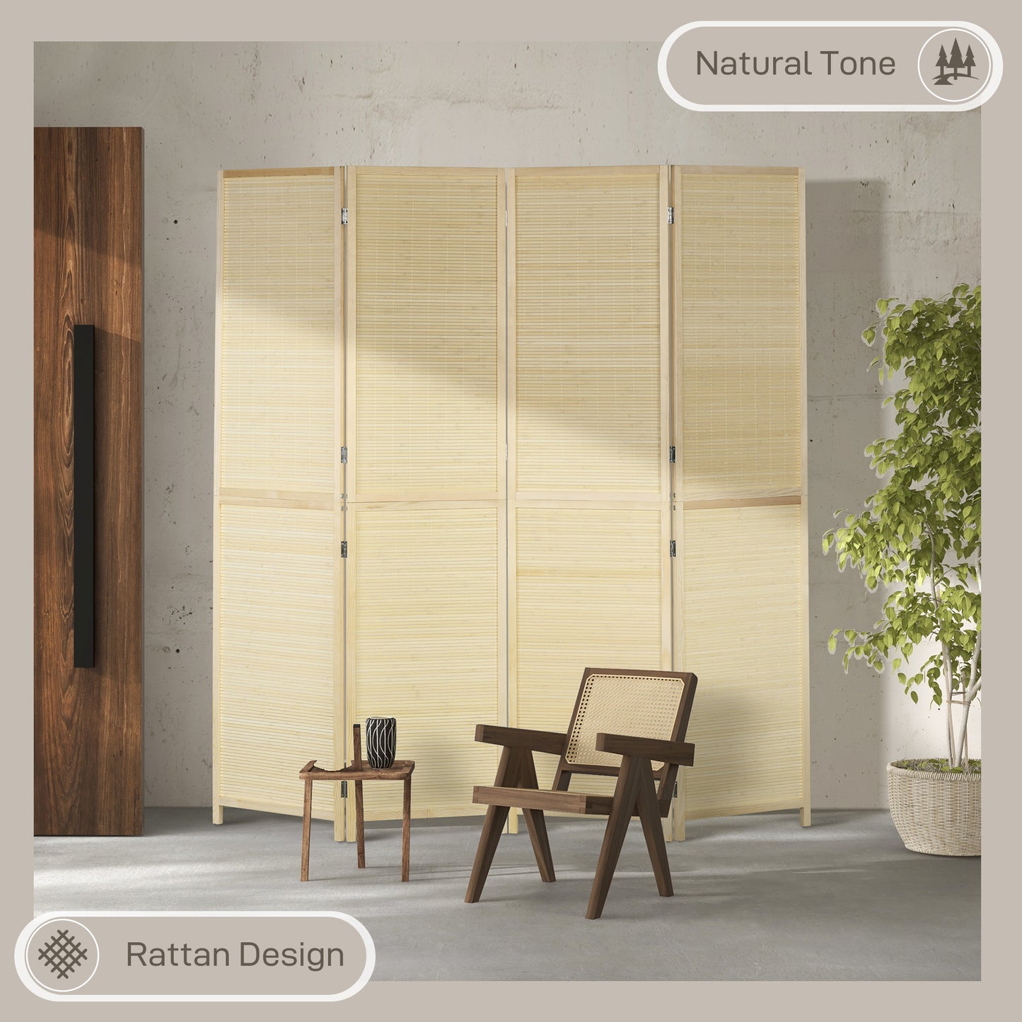 HOMCOM Room Divider, Freestanding Privacy Screen, 4 Panel Folding, 180 x 180cm, Natural