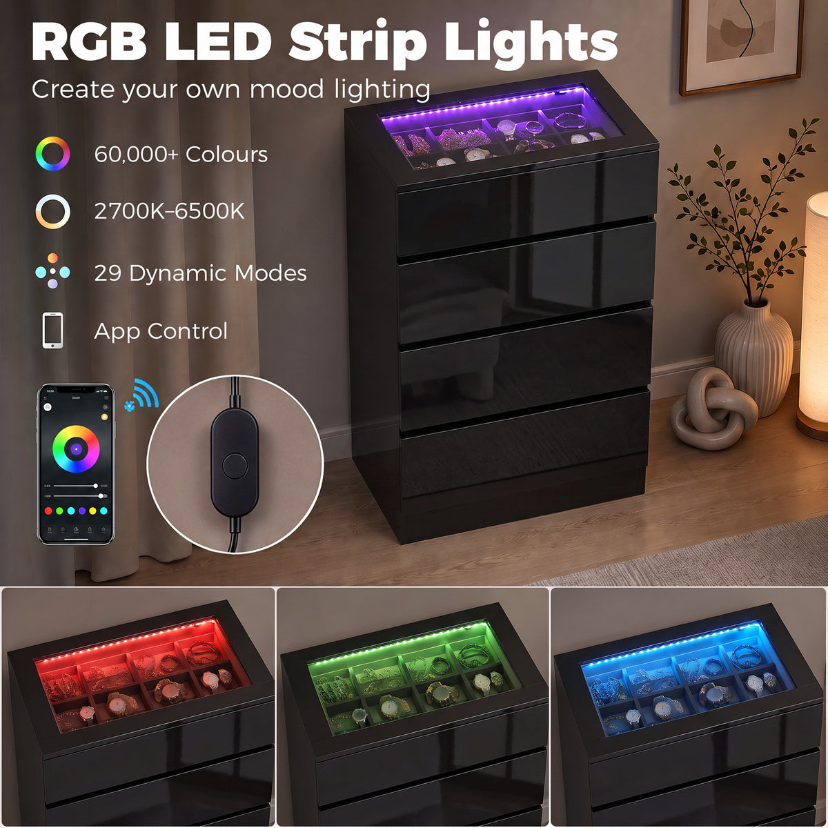 HOMCOM High Gloss 4 Drawer Chest of Drawers with Glass Top and RGB LED Lights, Dresser w/ Jewelry Organizer, APP Control, Black