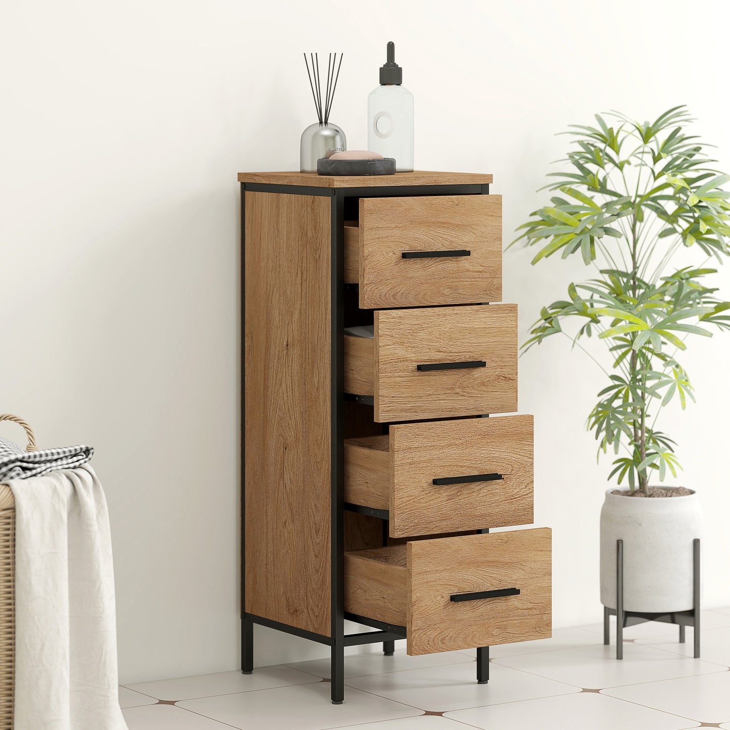 HOMCOM Narrow Bathroom Storage Cabinet with 4 Drawers - Oak