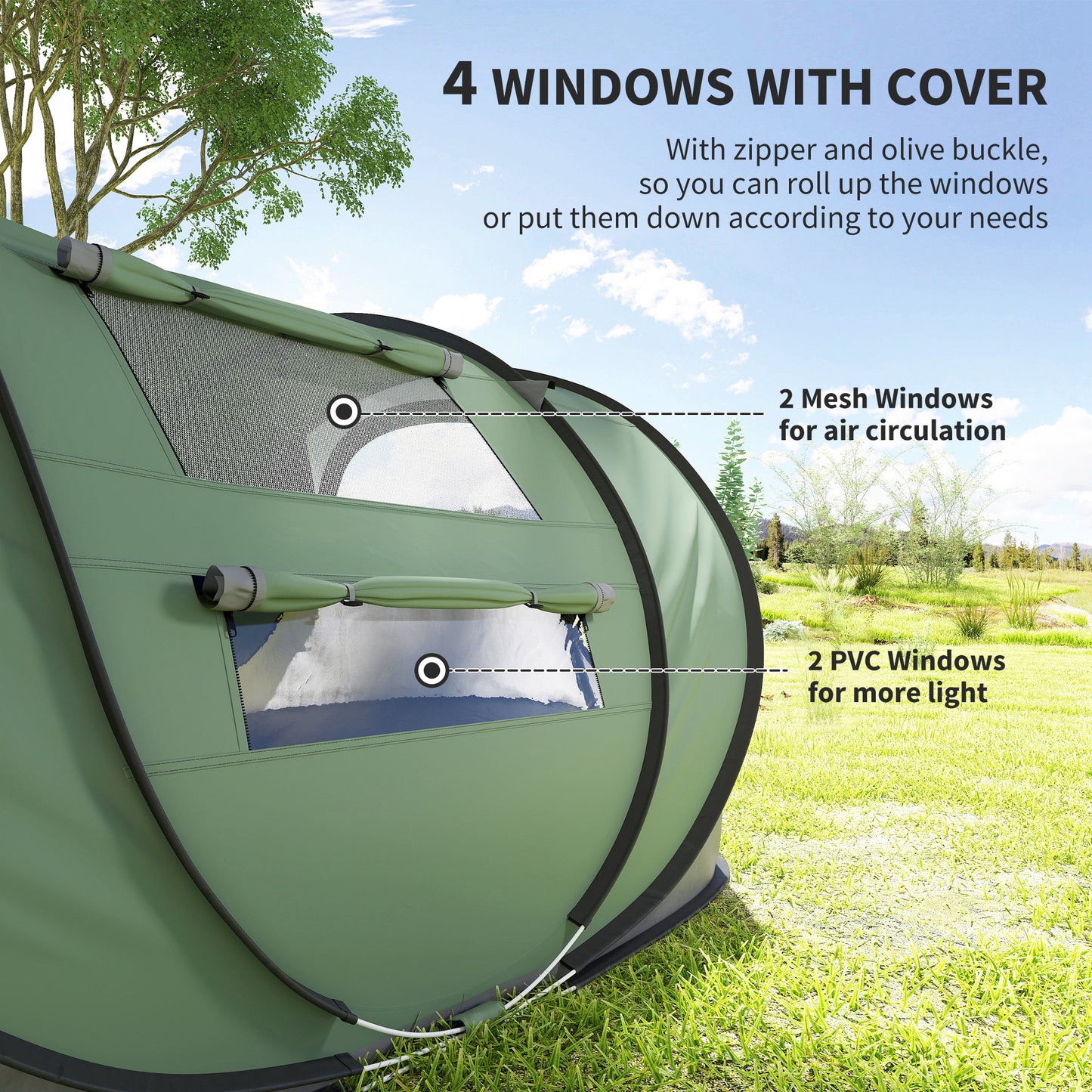 Outsunny 4 Person Pop-up Camping Tent Family Tent with Ground Sheet, 4 Windows and Portable Carry Bag for Beach Outdoor Trip, Dark Green