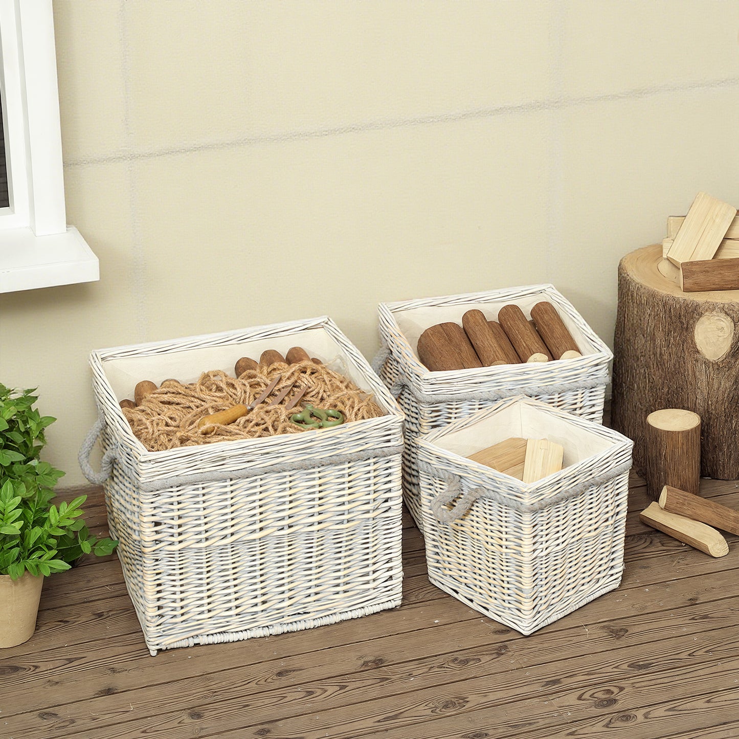 Outsunny Set of 3 Log Baskets for Wood Burner Indoor, Storage Basket with Lining and Rope Handles, Wicker Basket for Fireside Storage, Blankets, Beige