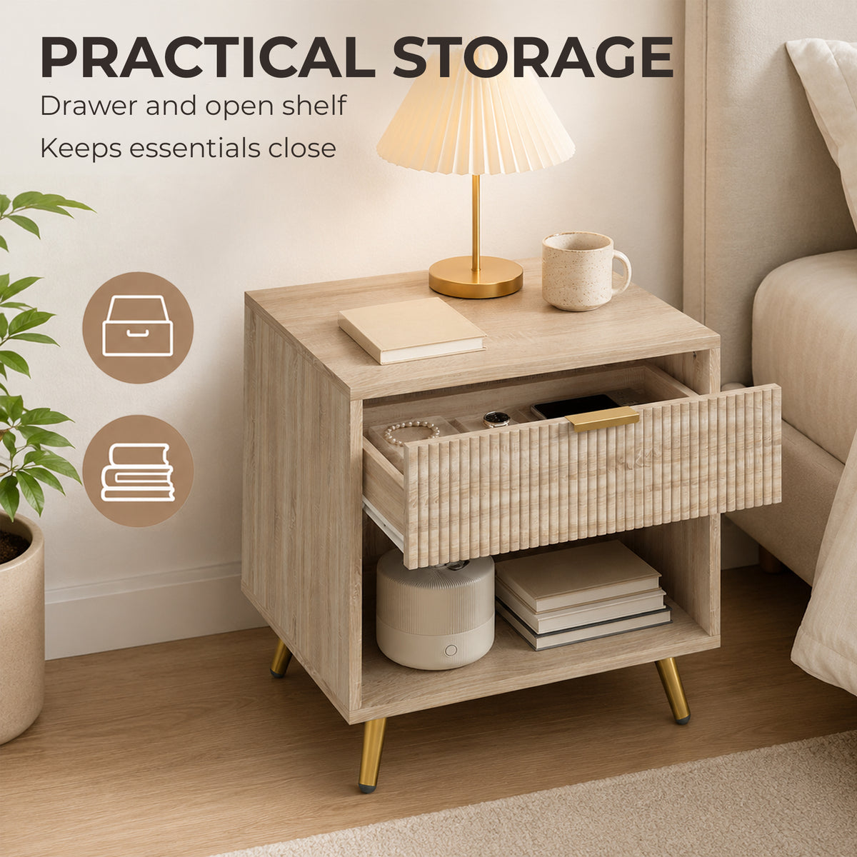 HOMCOM Bedside Table with Drawer and Open Compartment, Nightstand with Handle for Bedroom, Living Room, Natural Wood Finish
