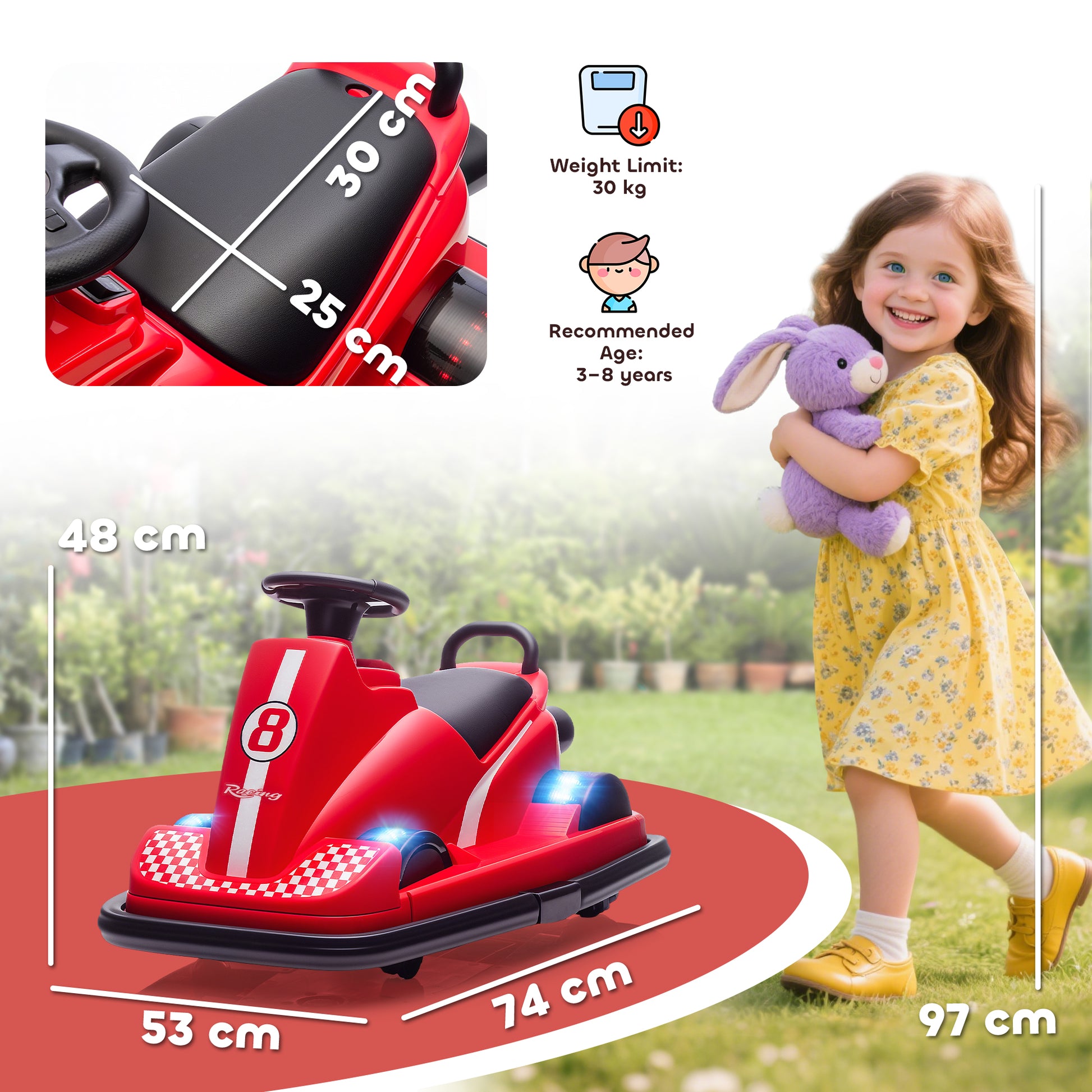AIYAPLAY Kids Bumper Car, 360Â° Rotation Spin Electric Walzer Car with LED Lights, Music for Ages 3-8 Years Old, Red