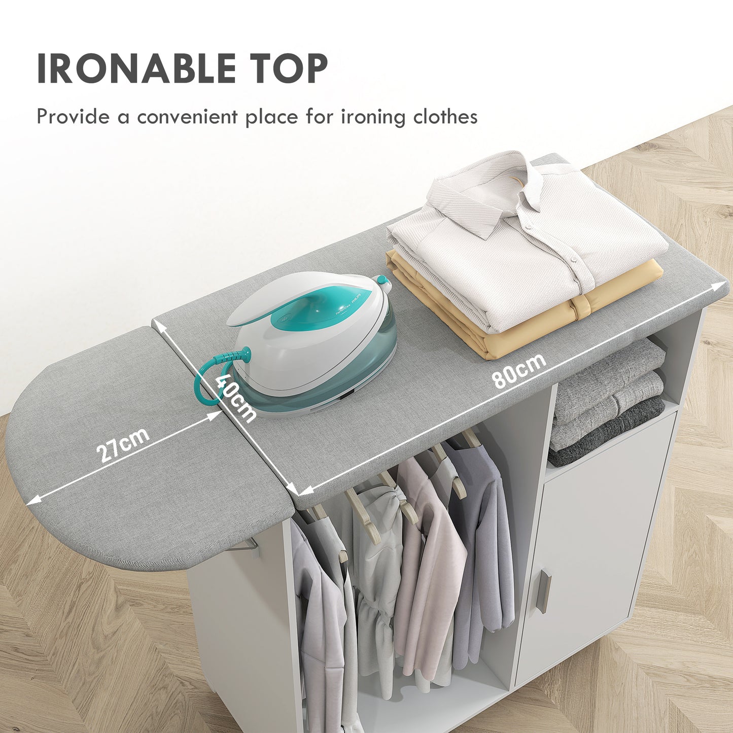 HOMCOM Rolling Ironing Board Cabinet, Foldable Ironing Station with Storage, Wheels for Home, Laundry Room, White