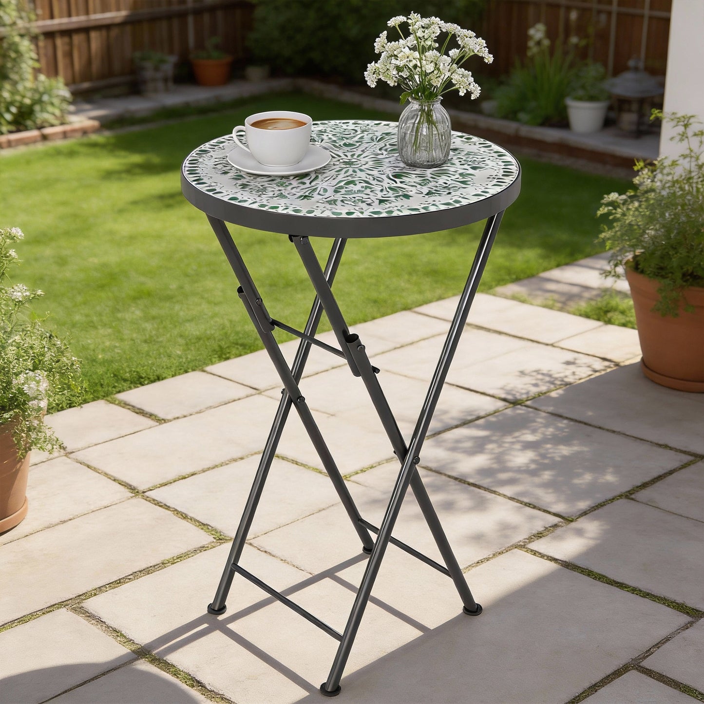 Outsunny Mosaic Outdoor Garden Table, 35.5cm Round Folding Coffee Table with Metal Frame for Balcony Terrace, Green
