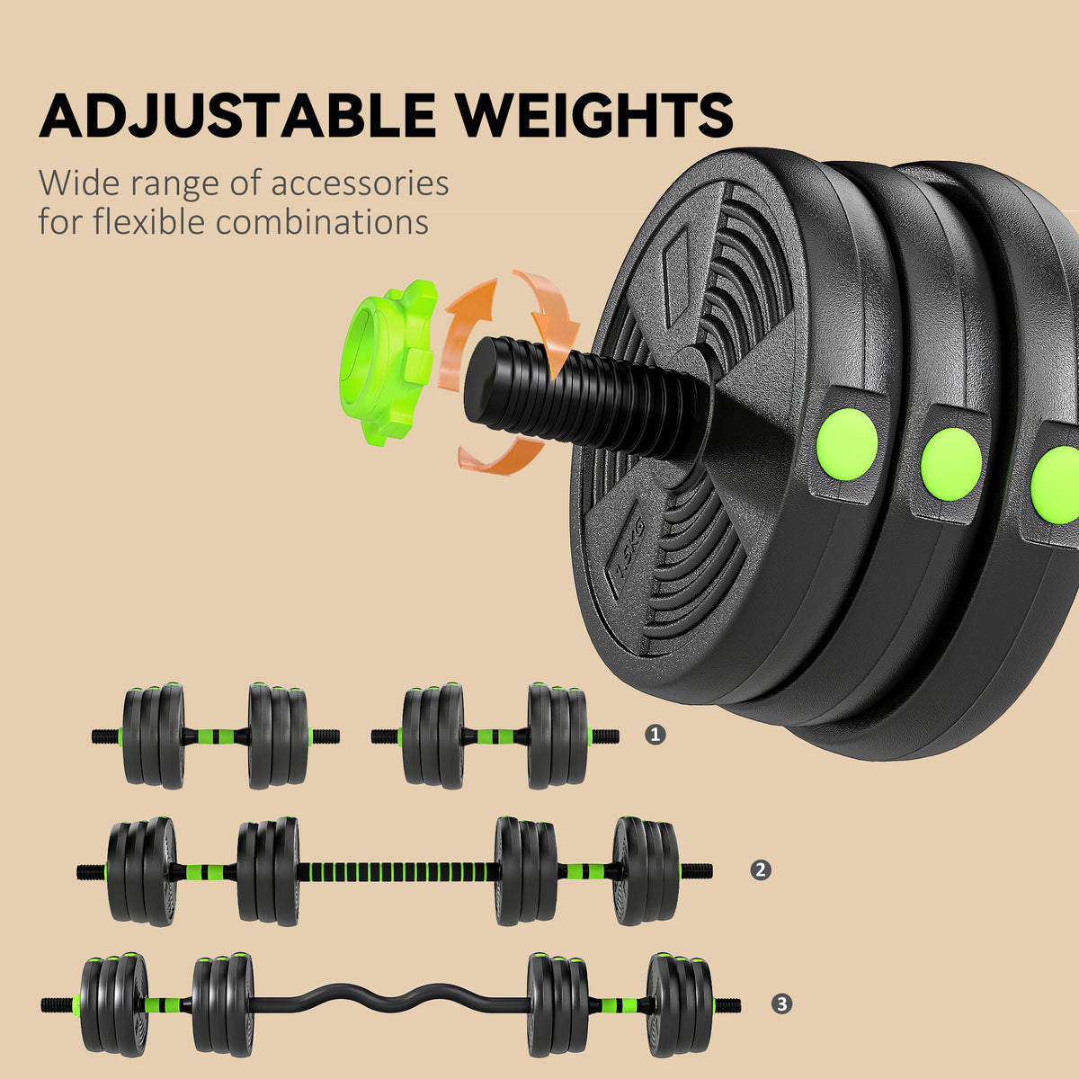 SPORTNOW 20 kg 3-in-1 Adjustable Dumbbell & Barbell Set with EZ Bar, Connecting Rod and Non-Slip Grip for Home Gym, Green