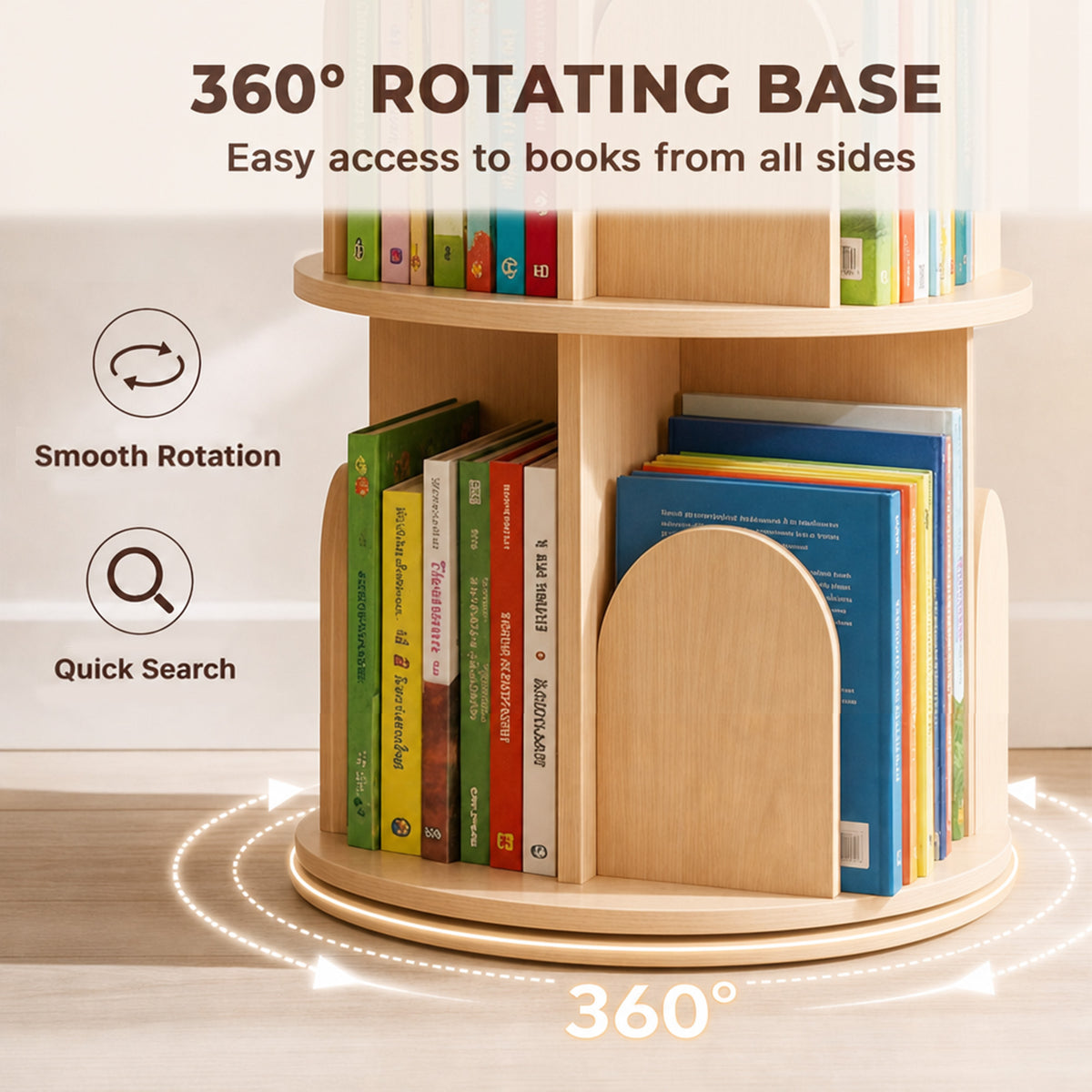 AIYAPLAY 3-Tier Rotating Bookcase, Round Kids Bookshelf Floor Standing 360Â° Rotating for Bedroom, Kids Room and Playroom, Natural