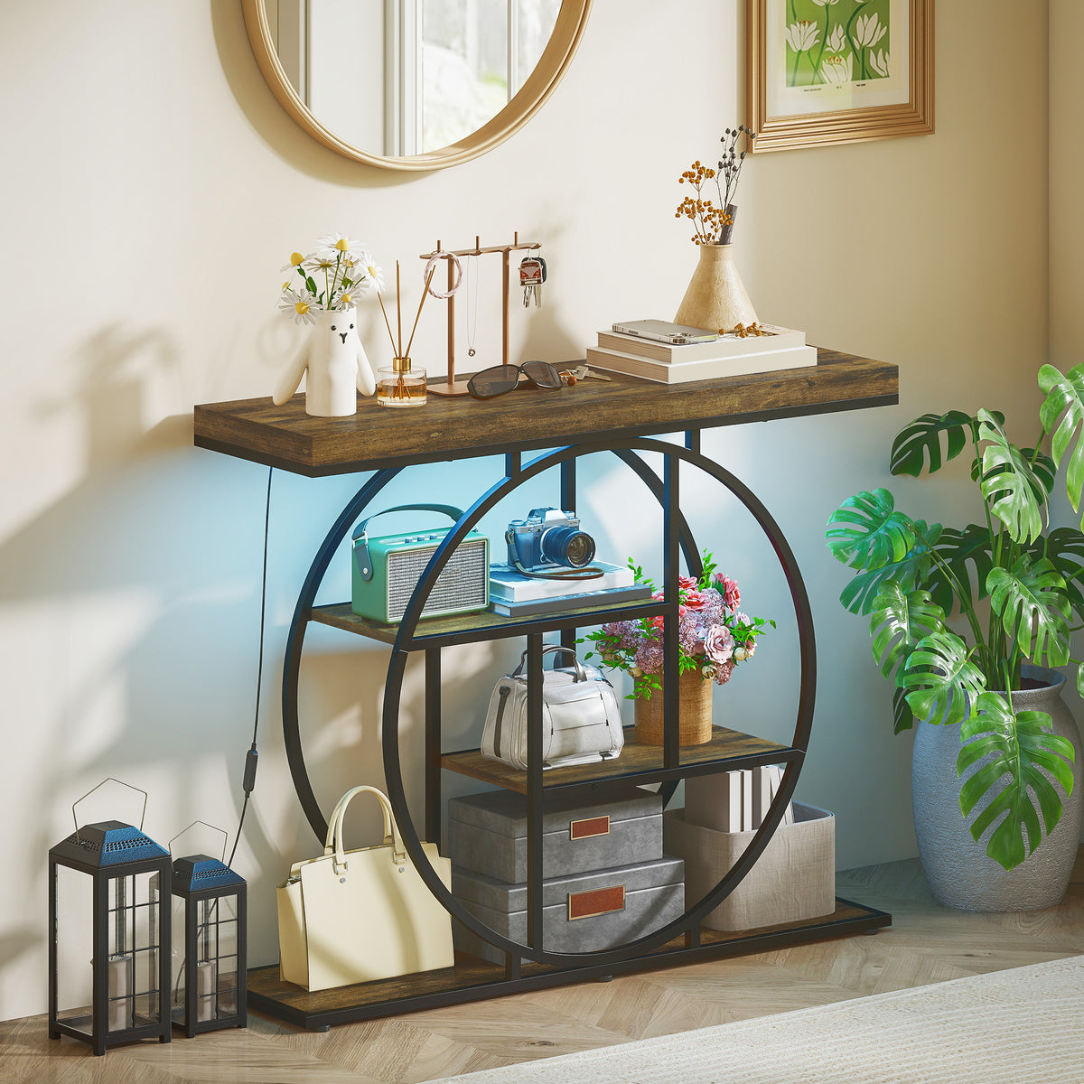 HOMCOM Industrial Console Table with LED Lights, Narrow Hallway Table with Storage Shelves, 100cm, Rustic Brown