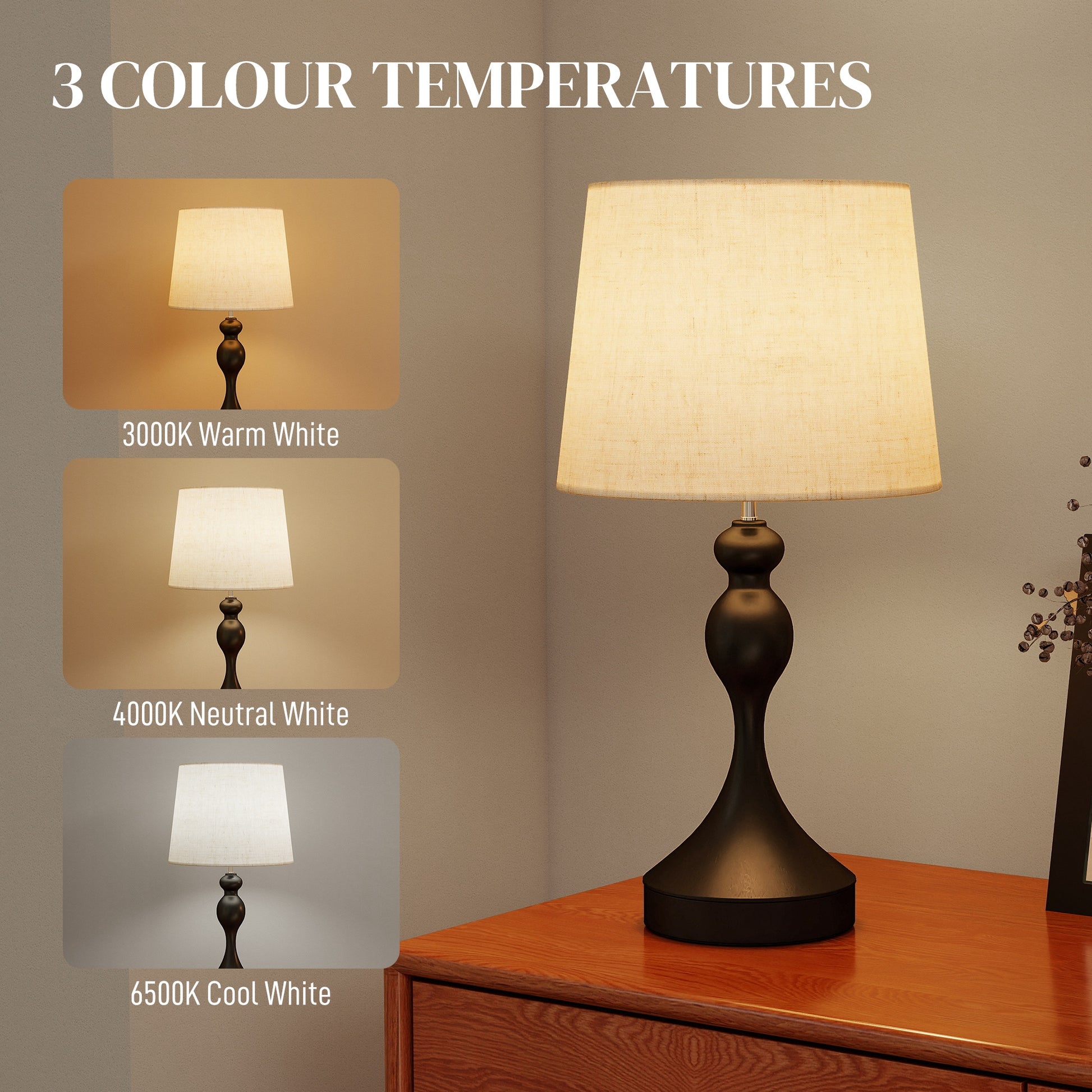 HOMCOM Set of Two Three-Colour Lamps, with USB Ports - Black/Beige