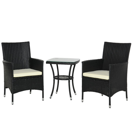 Outsunny 3 Pieces Rattan Bistro Set, Wicker Garden Furniture Set with 2-Tier Coffee Table and Chairs, Cushions, for Outdoor Patio Balcony, Black