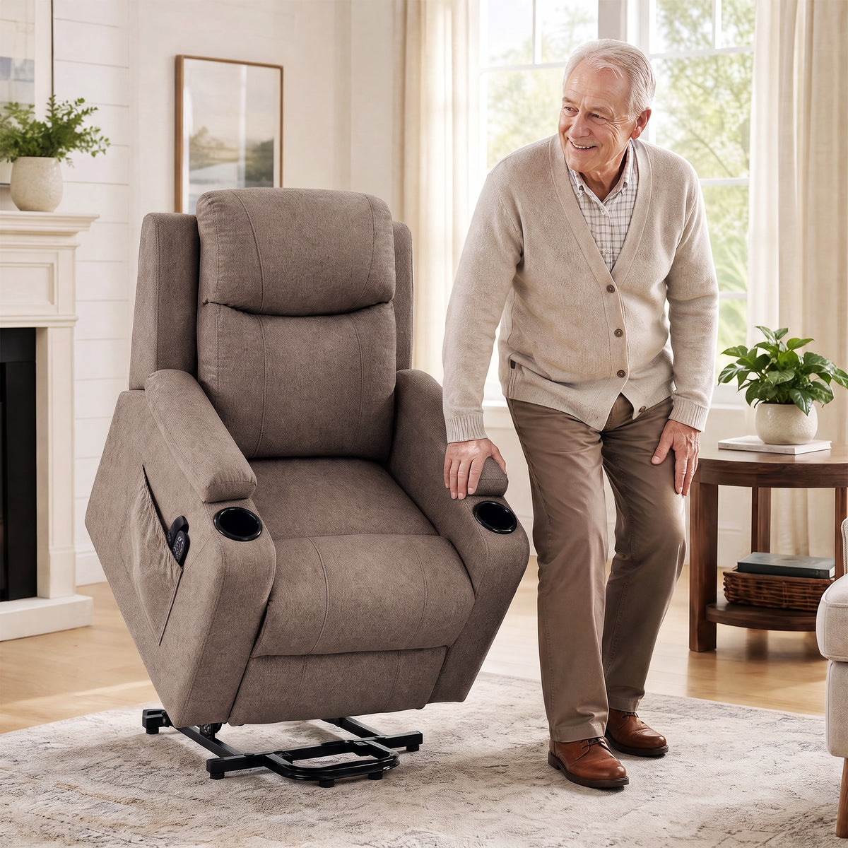 HOMCOM Riser Recliner Chair with Massage and Heat, Linen Electric Lift Armchair for Elderly with Spring Cushion, Brown