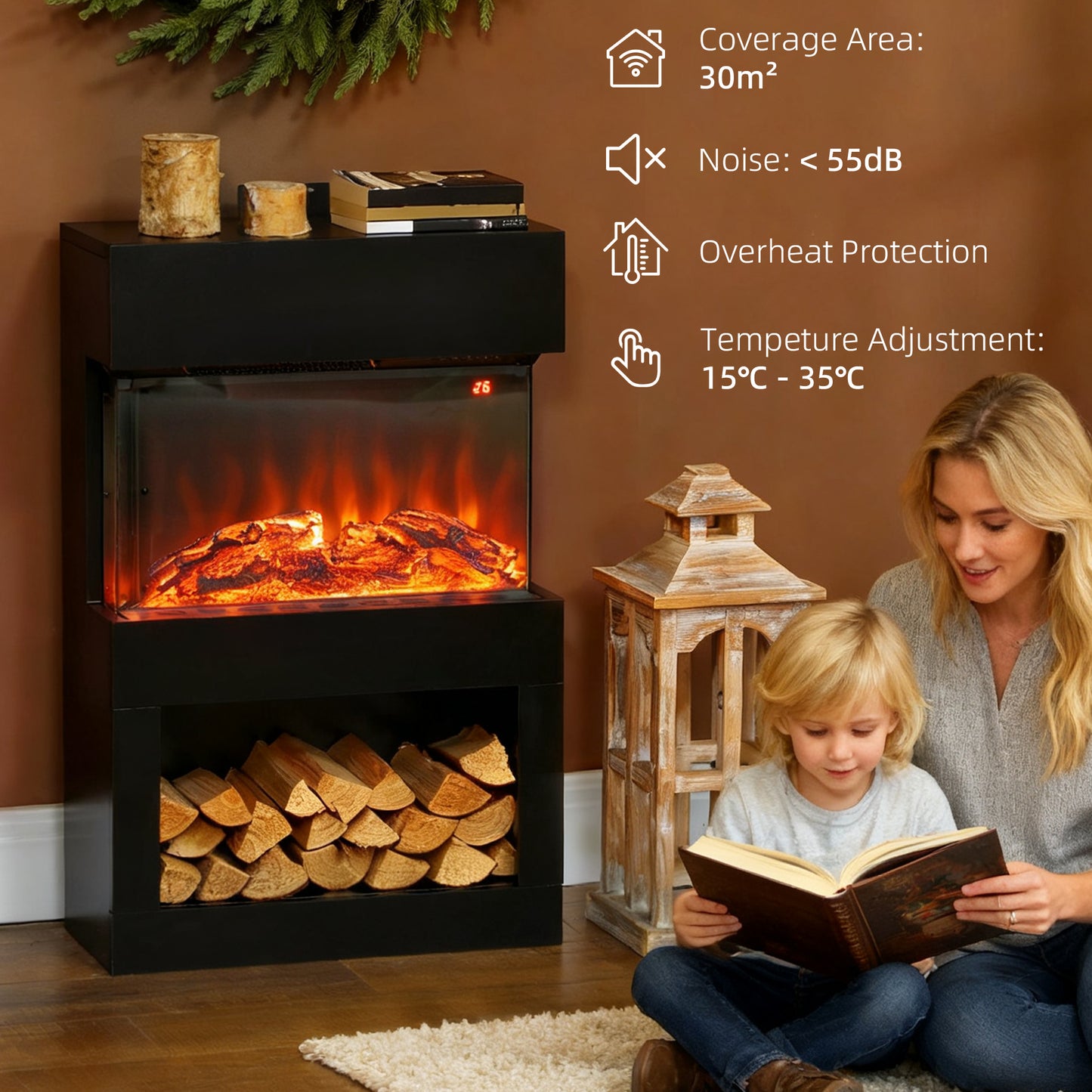 HOMCOM 19" Electric Fireplace with Surround, 3D Flame Effect, 6 Colours & 3 Brightness Levels, 1000W/2000W Black Electric Fire and Mantel Reach up to 30ãŽ¡ Space with Remote & Timer, 3 Sided View
