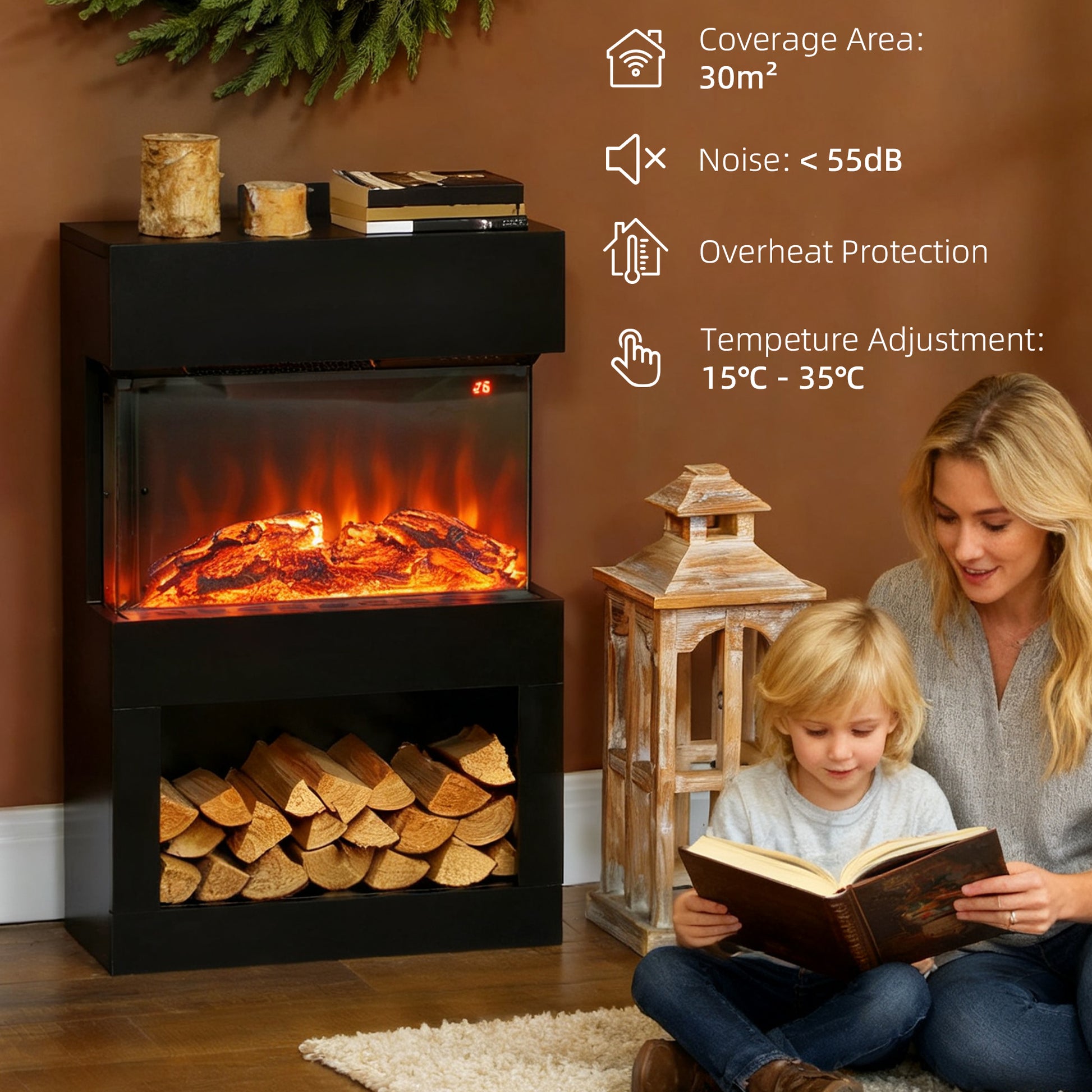 HOMCOM 19" Electric Fireplace with Surround, 3D Flame Effect, 6 Colours & 3 Brightness Levels, 1000W/2000W Black Electric Fire and Mantel Reach up to 30ãŽ¡ Space with Remote & Timer, 3 Sided View