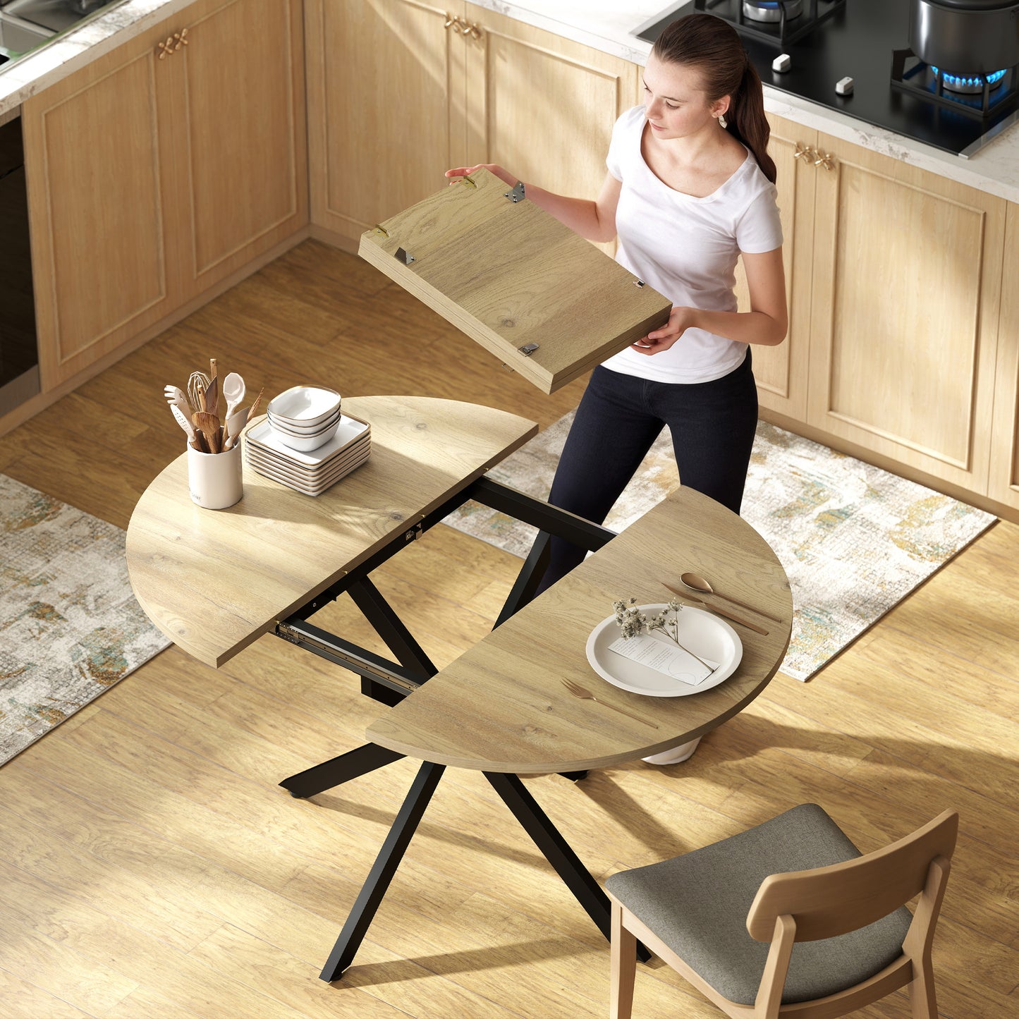 HOMCOM Extendable Dining Table for 4-6, Industrial Kitchen Dinner Table with Butterfly Leaf and X-Shape Base, Natural Wood
