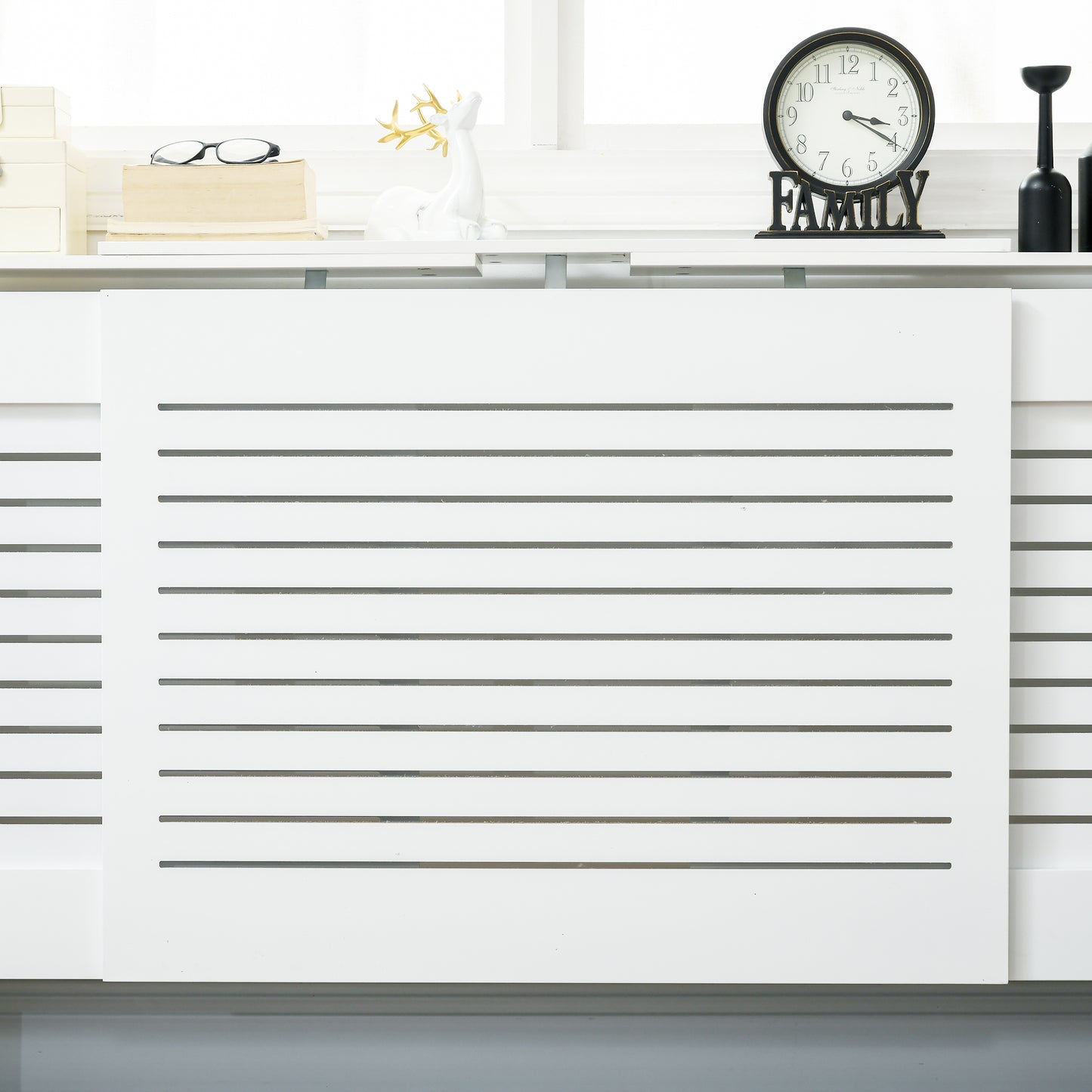 HOMCOM Set of 2 MDF Extendable Radiator Cover with Cabinet Shelving, Home Office Slatted Design, White 139-208.5L x 20.5W x 82.5H cm