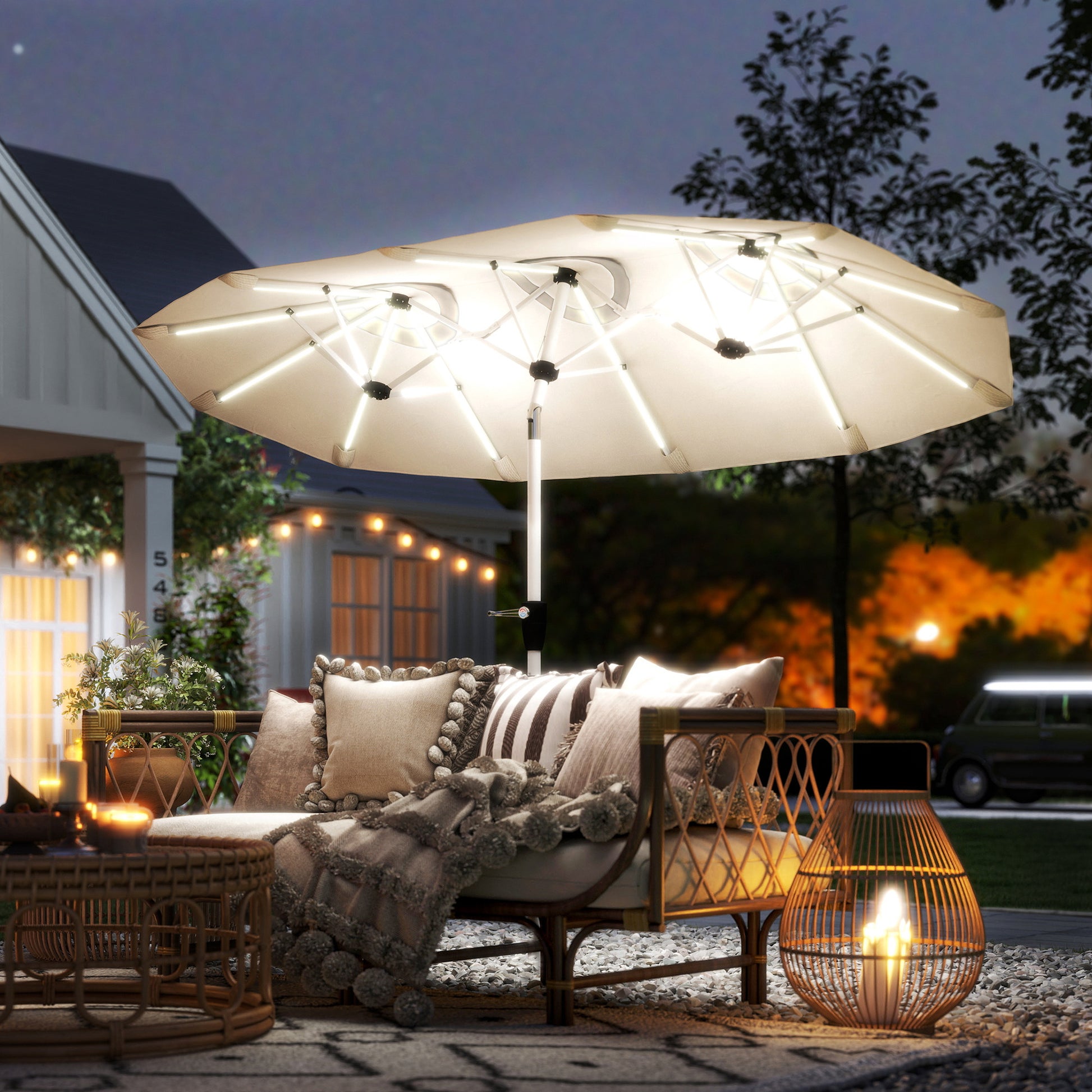 Outsunny 3 m Double-Sided Garden Parasol with LED Solar Lights, Outdoor Extra Large Sun Umbrella with Crank Handle, Cream White