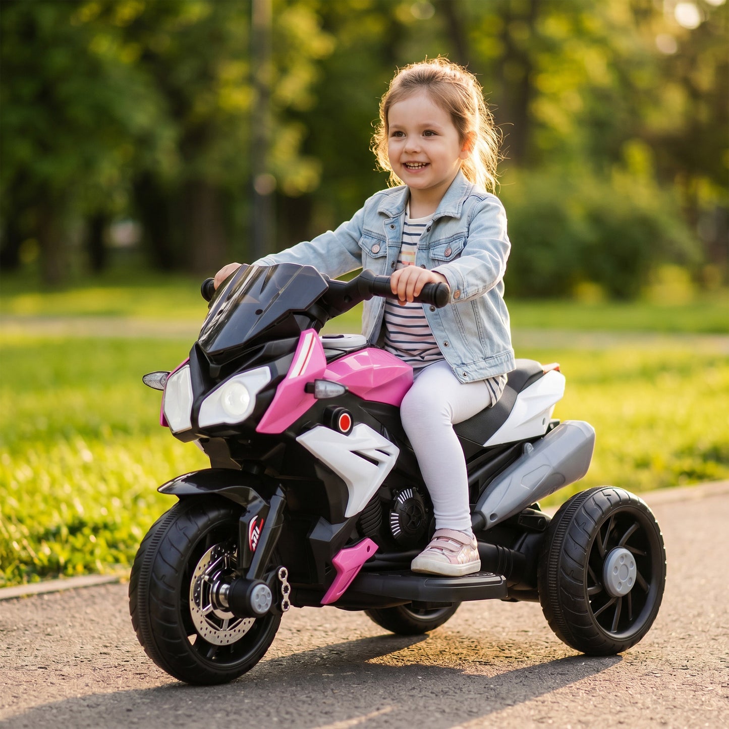 HOMCOM Kids Electric Motorcycle, 6V Ride on Motorcycle with 3 Wheels, LED Headlight, Music, Horn for Boys Girls 3-5 Years, Pink