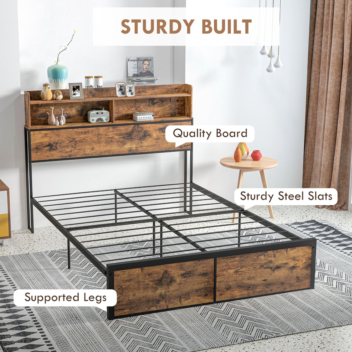 HOMCOM Industrial Double Bed Frame, 4.6FT Steel Bed Base with Storage Headboard, Footboard, Slatted Support and Under Bed Storage, 141 x 207cm, Rustic Brown