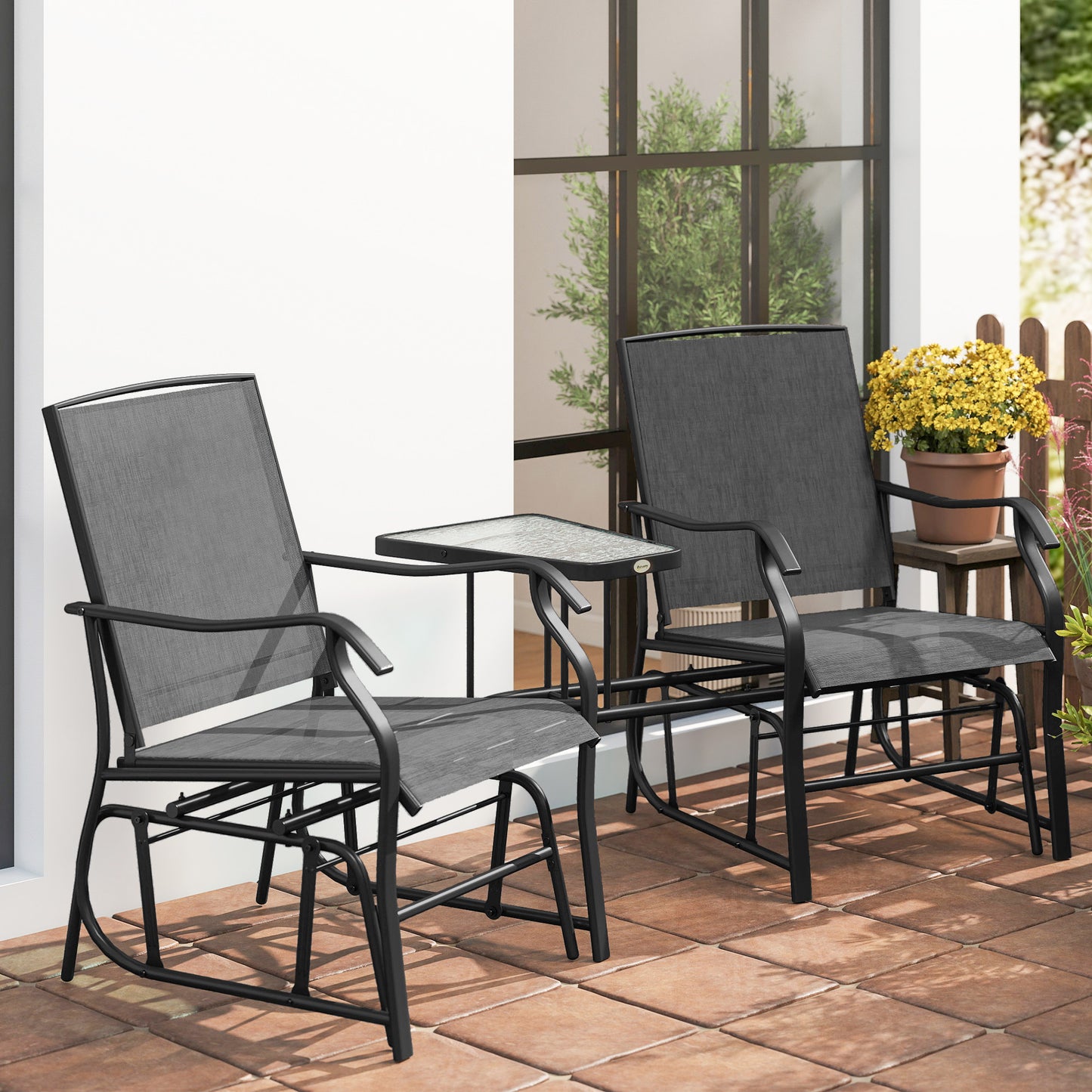 Outsunny Gliding Jack and Jill Seat, with Glass-Top Table - Black