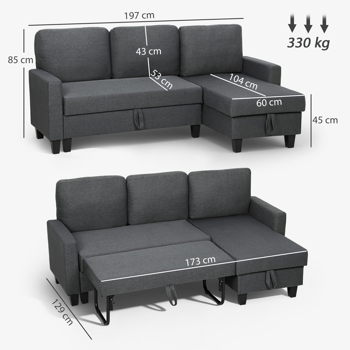 HOMCOM Three-Seater Storage Sofa Bed -  Charcoal Grey