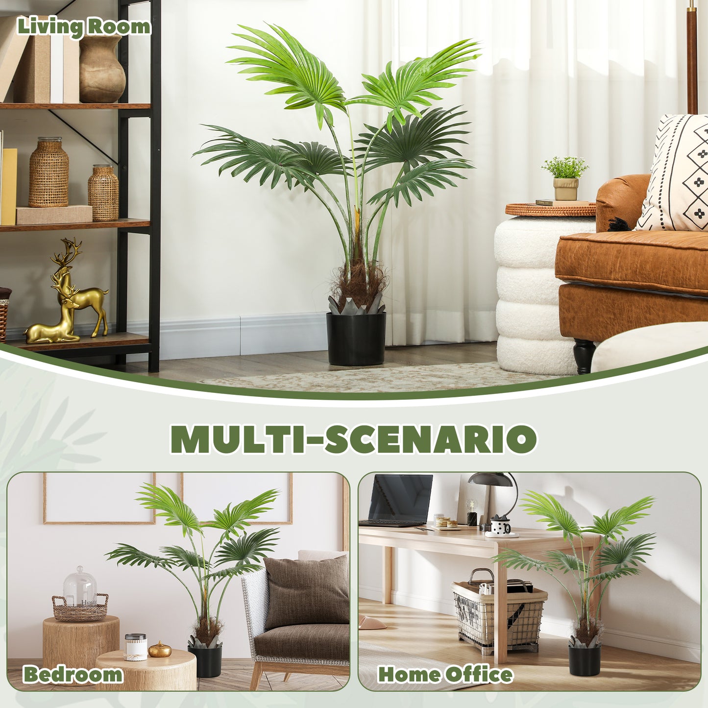 HOMCOM 94cm Artificial Palm Tree, Decorative Artificial Plant with Lifelike PEVA Leaves and Coconut Coir, Fake Tree with Plastic Pot and Flocking for Home Office Decor, Green
