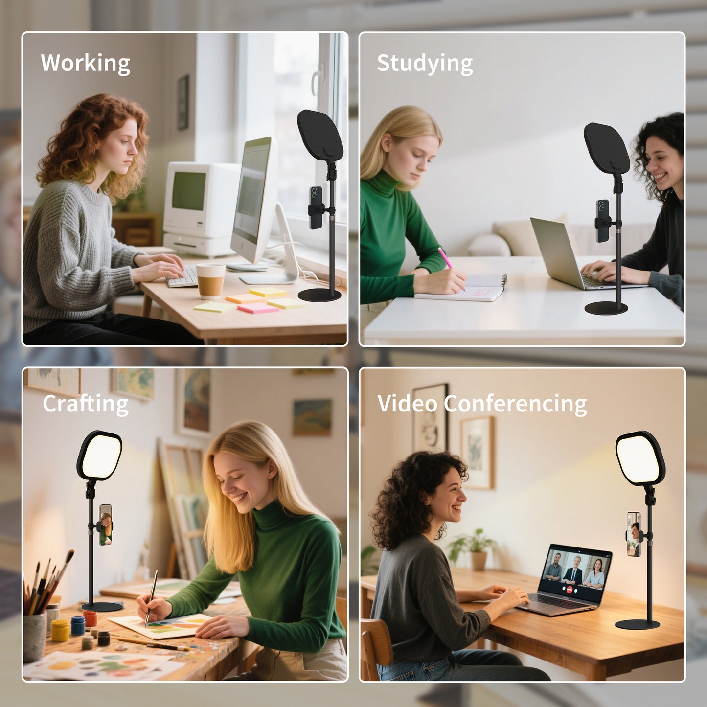 HOMCOM Selfie Light for Video Conference Lighting, Dimmable Desk Lamp with Stand Phone Holder, 5 Colour Modes & 10 Brightness Levels, Memory Function for Home Office, Recording, Video Calls, Black