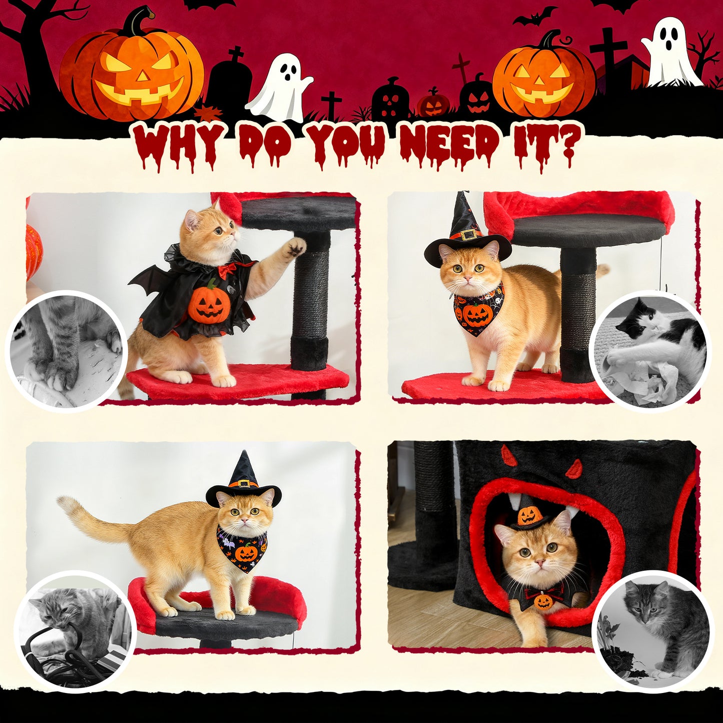 PawHut Cat Tree, Gothic Cat Tower with Scratching Posts, Cute Condo, Coffin Platform, Bed and Spider Toy, Halloween