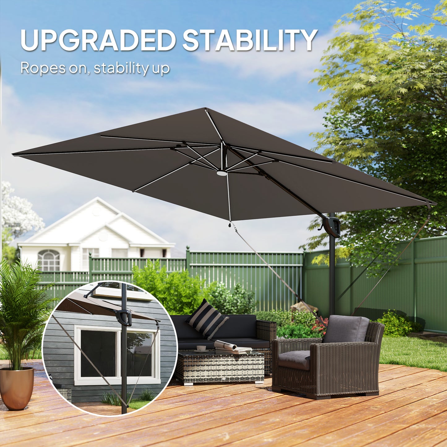 Outsunny 3 x 3 m Garden Cantilever Parasol w/ Light, Cover, UPF50+ Patio Umbrella w/ Wind Protection, 360Â° Rotation, Dark Grey
