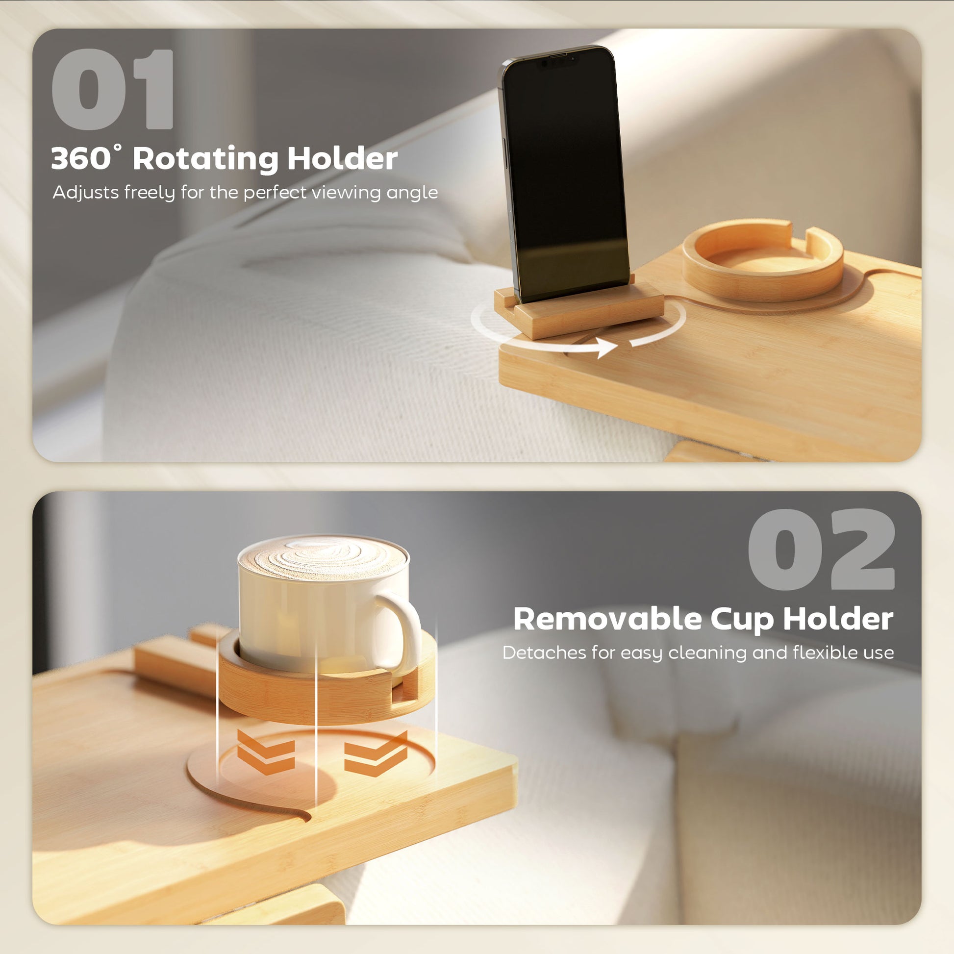 HOMCOM Anti-Slip Sofa Armrest Tray, Bamboo Sofa Arm Tray with 360Â° Phone Holder and Removable Cup Holder, Natural