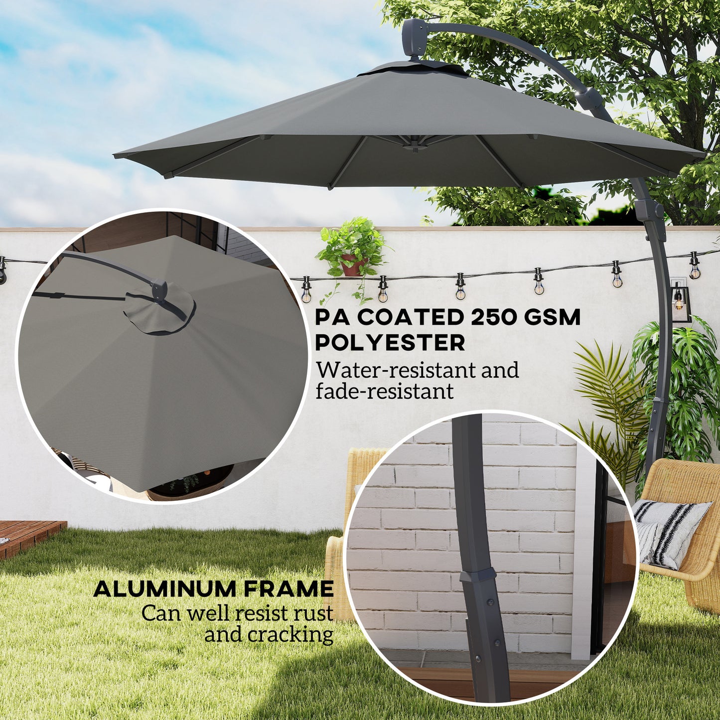 Outsunny 3(m) Garden Cantilever Parasol, Round Overhanging Umbrella with Crank Handle, Cross Base, Aluminium Frame and 360Â° Rotation, Banana Patio Umbrella for Outdoor Sun Shade, Grey