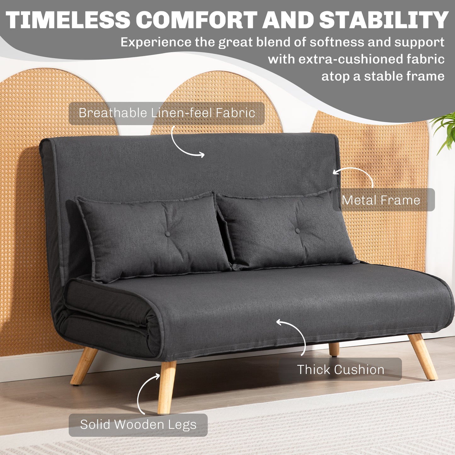 HOMCOM Two-Seater Linen-Look Sofa Bed - Charcoal Grey