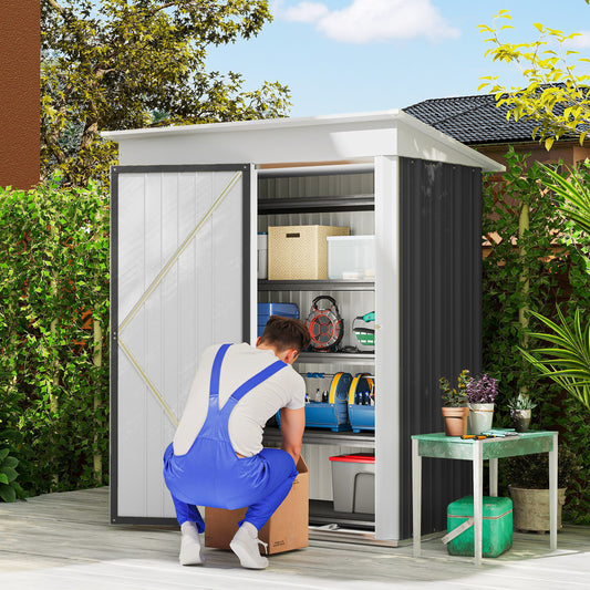 Outsunny Metal Garden Shed, Outdoor Lean-to Shed for Tool Motor Bike, with Adjustable Shelf, Lock, Gloves, 5'x3'x6',  Dark Grey