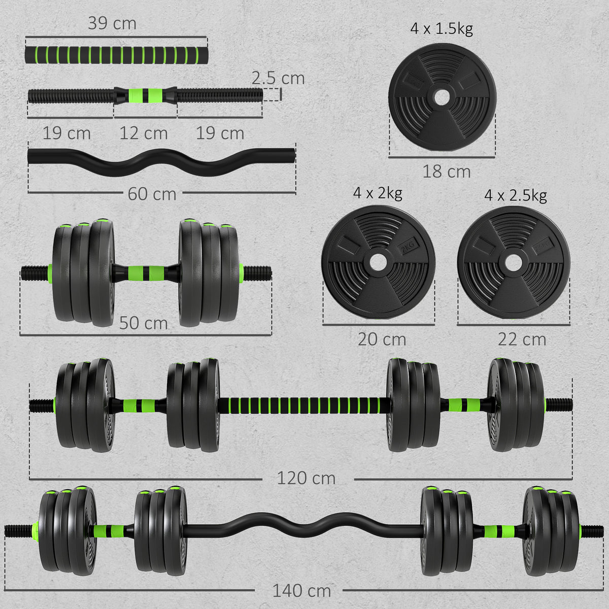 SPORTNOW 25 kg 3-in-1 Adjustable Dumbbell & Barbell Set with EZ Bar, Connecting Rod and Non-Slip Grip for Home Gym, Green